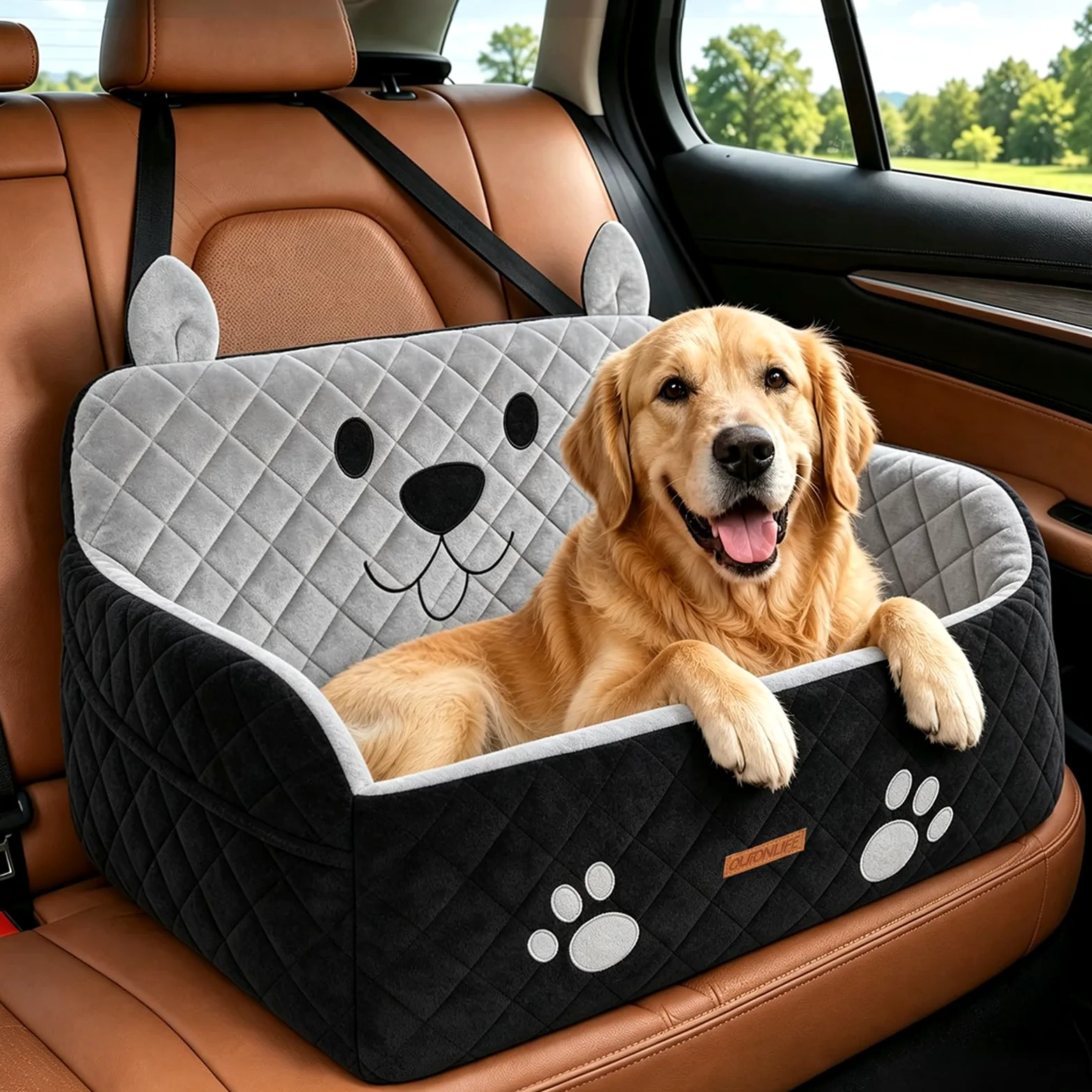 Siège Auto Grand Chien Jusqu’à 25 kg ou 2 Petits Chiens | Mousse Haute Densité, Peluche Ultra-Douce, Housse Amovible Lavable, 2 Sangles de Sécurité et Poches, pour Banquette Arrière