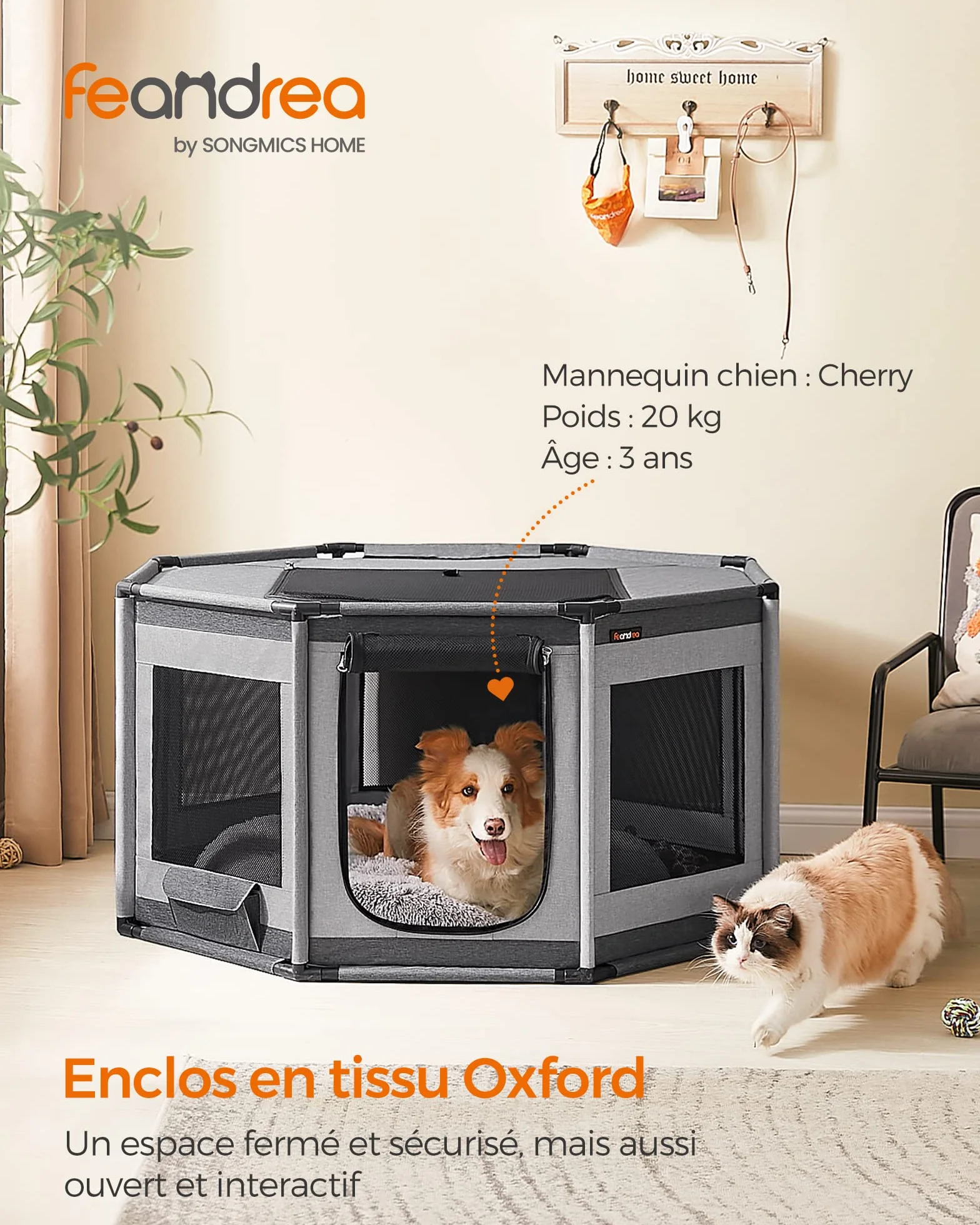 Feandrea Parc pour Chien en Tissu Oxford, Clôture Octogonale, Enclos Taille L, 112 x 112 x 62 cm, Gris Foncé et Gris Clair