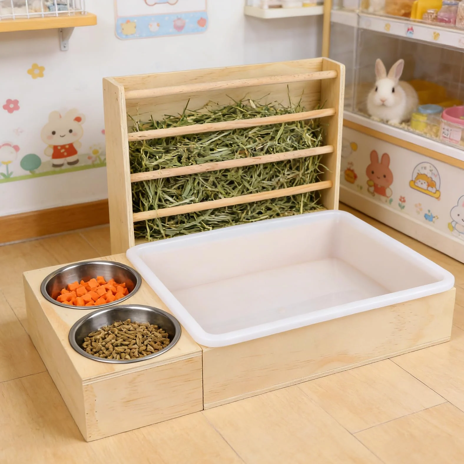 Mangeoire à foin 3 en 1 pour lapin - Station d'alimentation en bois avec bac à litière et bols - Distributeur pour cochon d'Inde, hamster, chinchilla