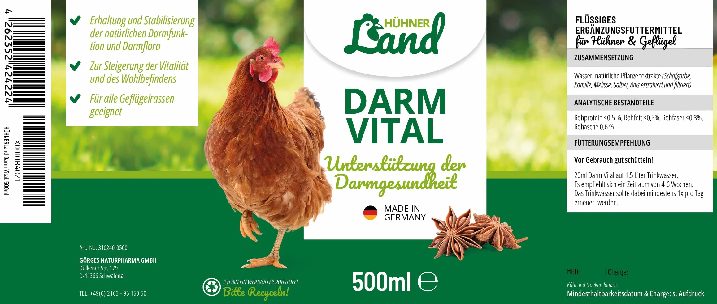 HÜHNER Land Intestin Vital 500 ml pour poulets – Soutien digestion flore intestinale