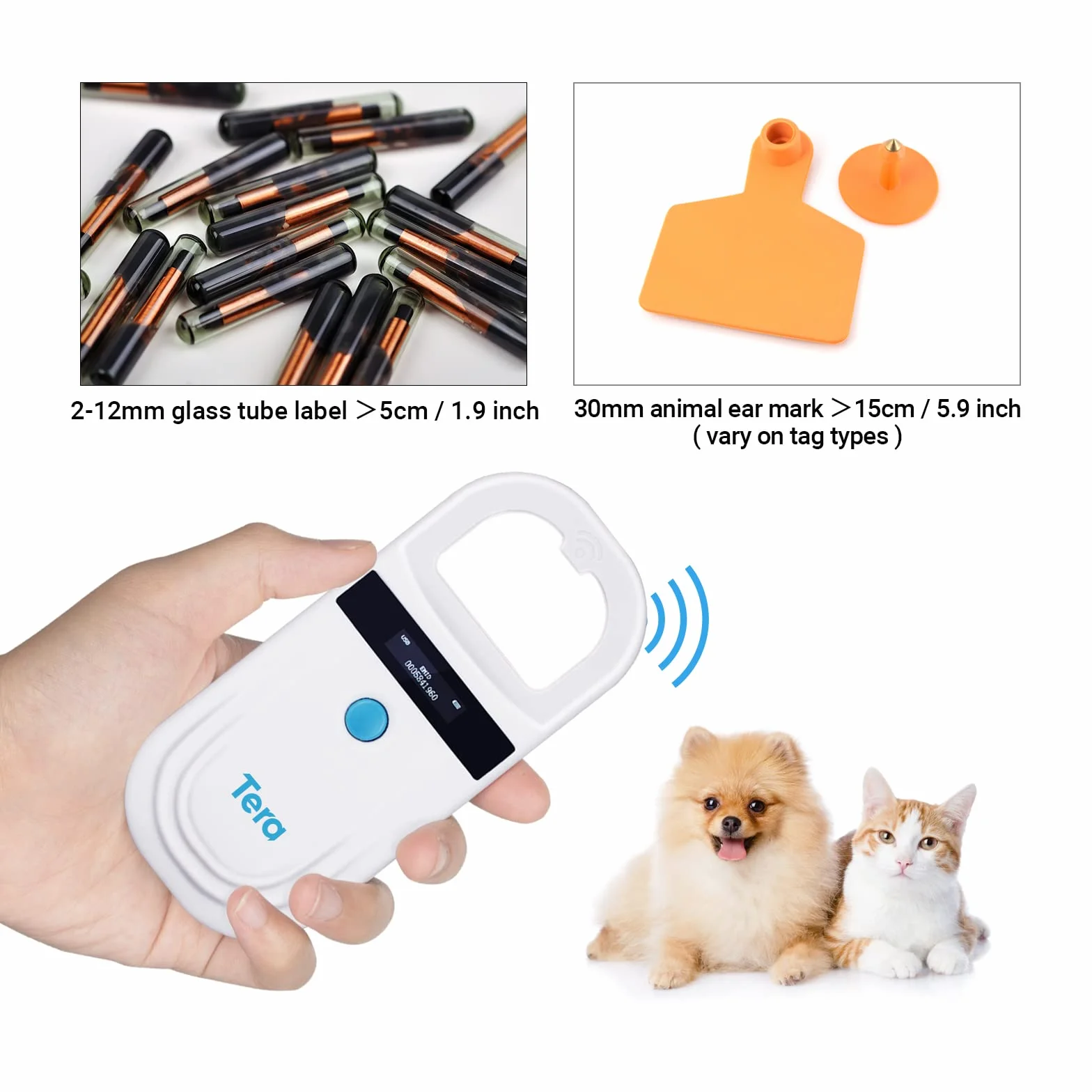 Tera Porte Adresse pour Animaux Lecteur de Puce pour Animaux Scanner RFID Portable Animal puce ID Scanner avec écran OLED Rechargeable avec Boucle D
