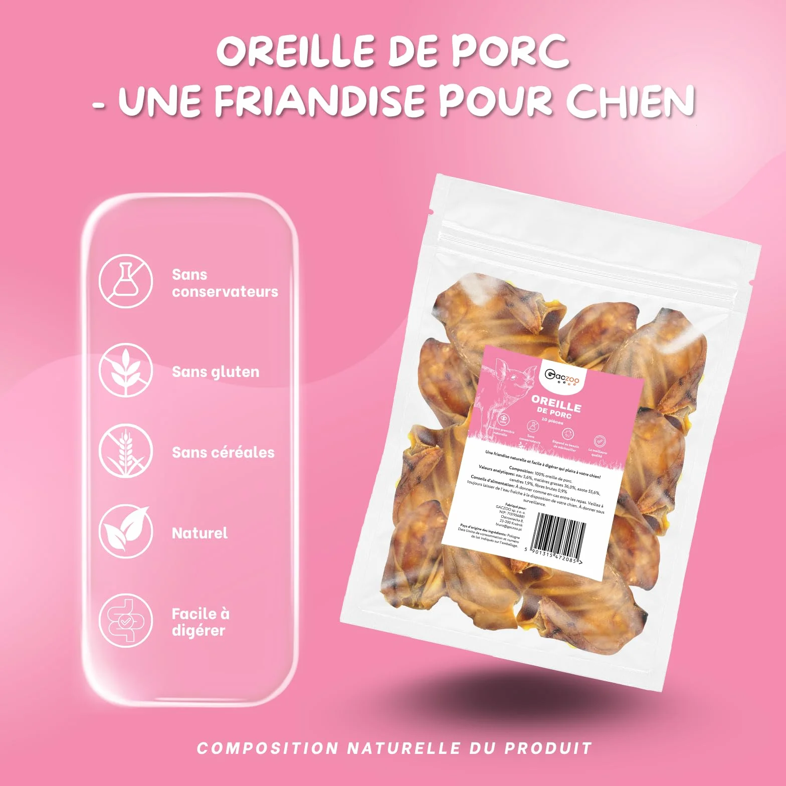 Oreilles de Porc pour Chien – Friandises pour Chien – 100% Naturels sans conservateurs ni additifs – Hygiène Dentaire, Réduction du Stress – Source collagène et protéines – 10 Pièces