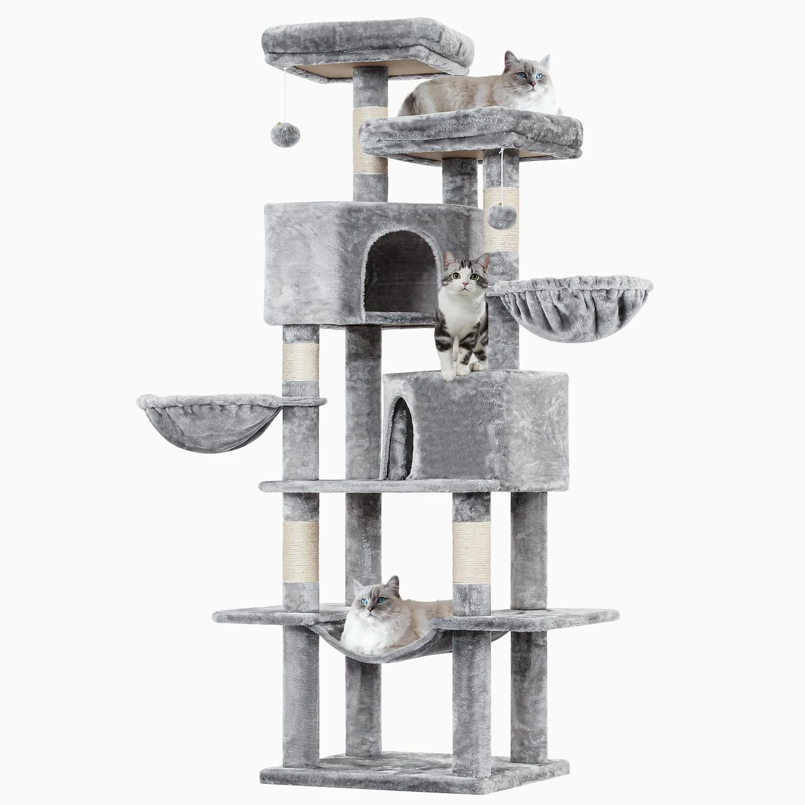 MSmask Arbre à Chat Stable de 180 cm, Tour de Jeux Chats avec 5 Poteaux en Sisal, 2 Grandes Plate-Formes, 2 Niches, 2 Paniers, Hamac, Centre d’Activités Multiniveau en Peluche, Gris Clair