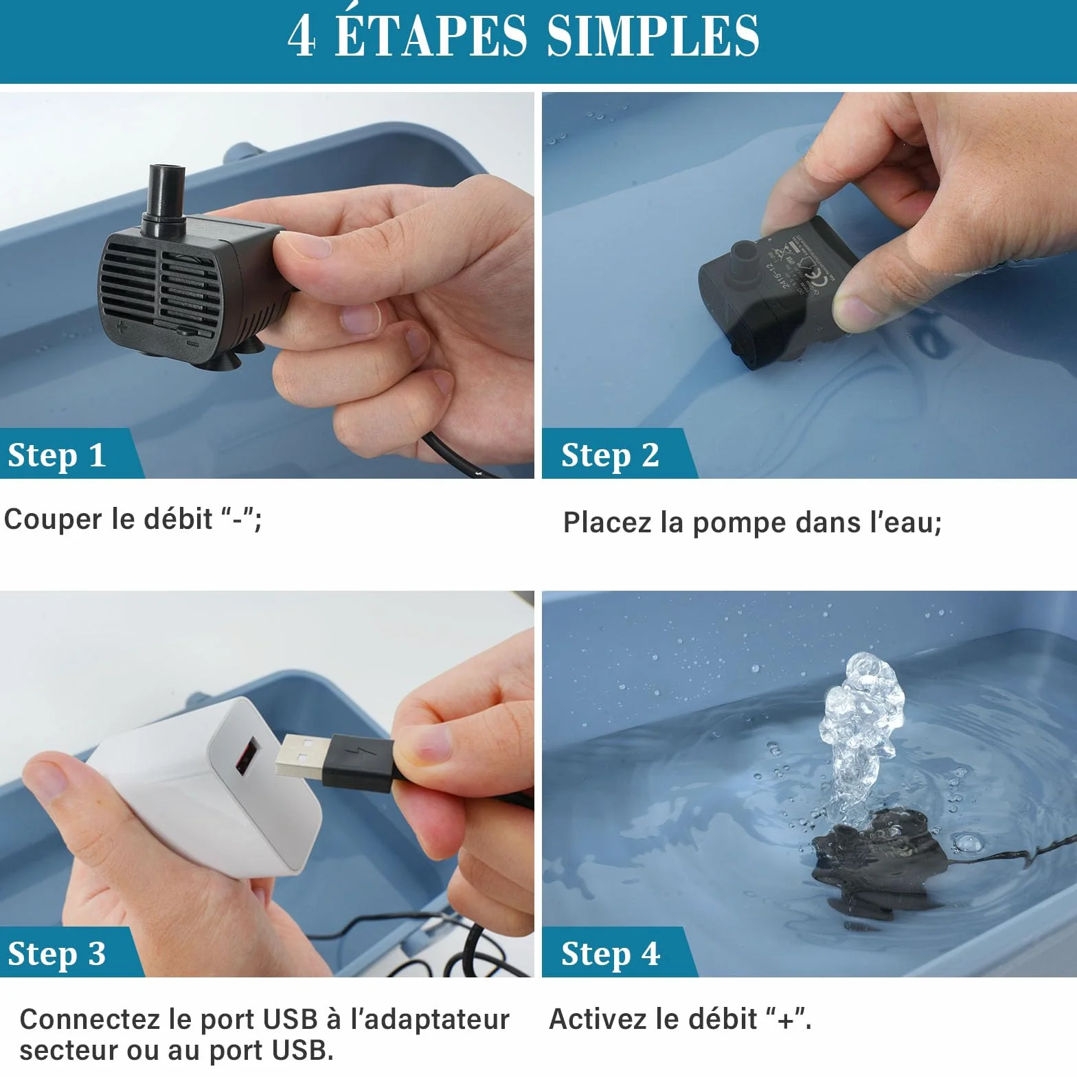 Pompe à eau aquarium silencieuse 200L/H réglable 1-3W USB