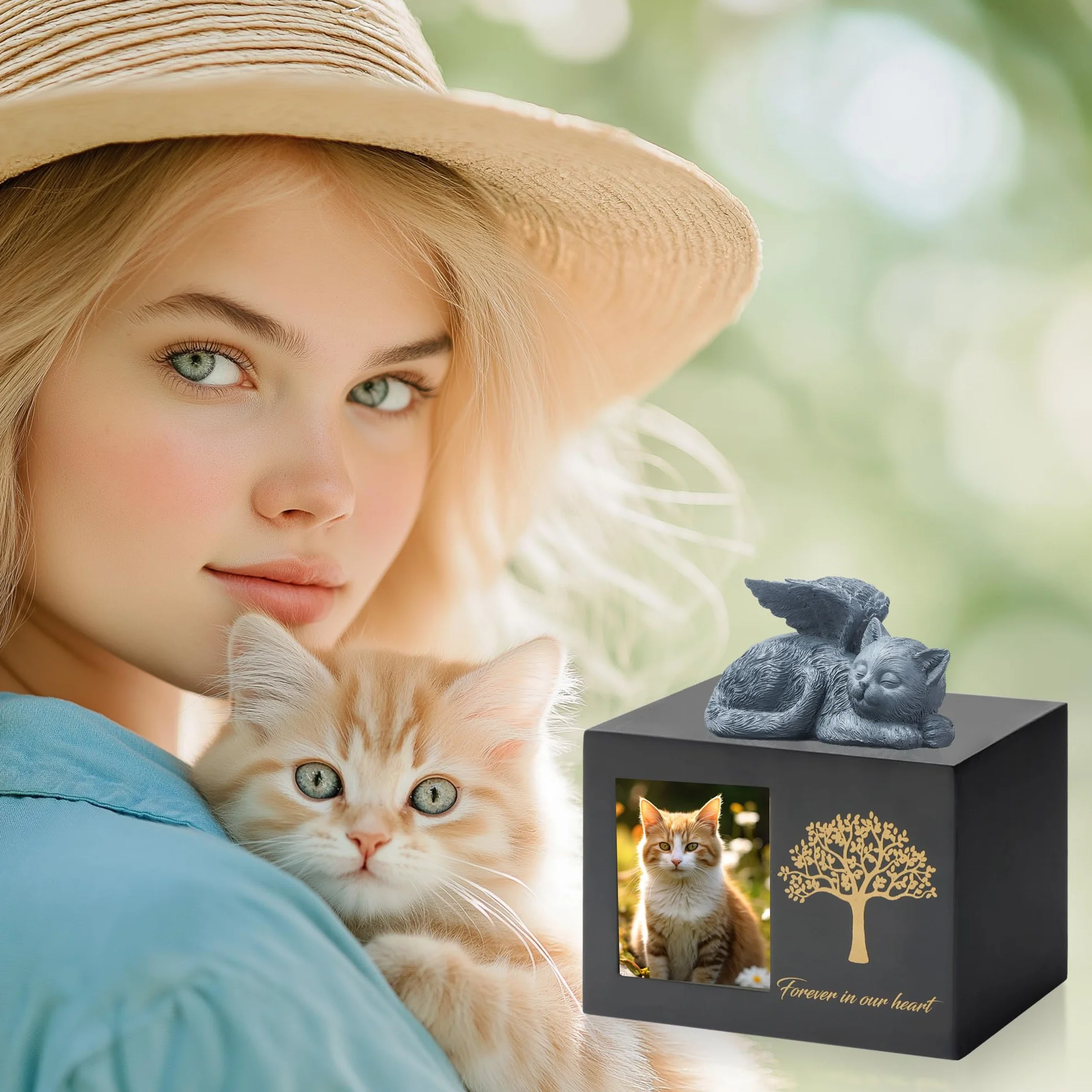 Urne pour chat en bois avec statue de chat en résine et pochette en velours