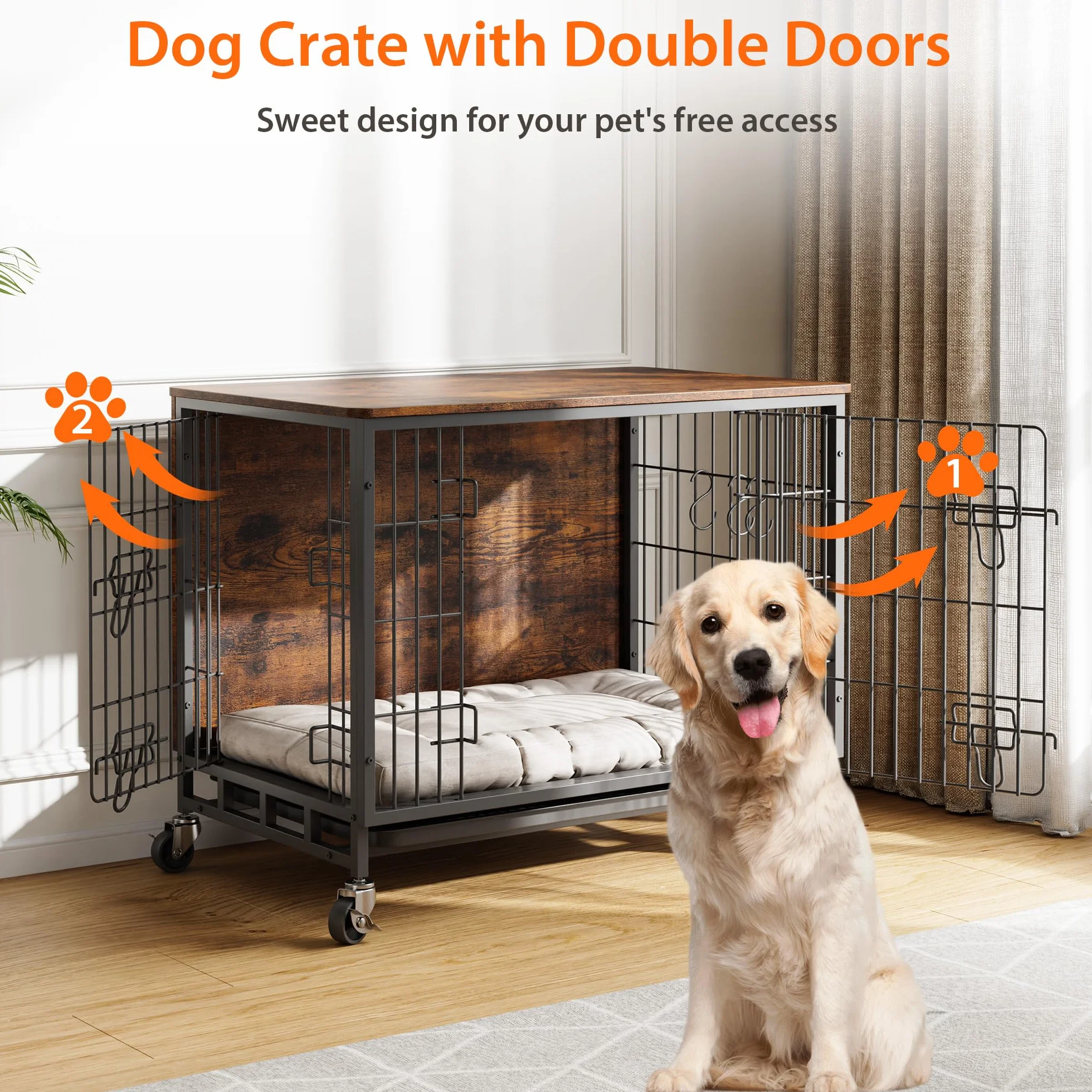 Cage pour chien meuble avec 2 portes et 4 roues 83 x 56 x 64 cm niche intérieur moderne table en bois