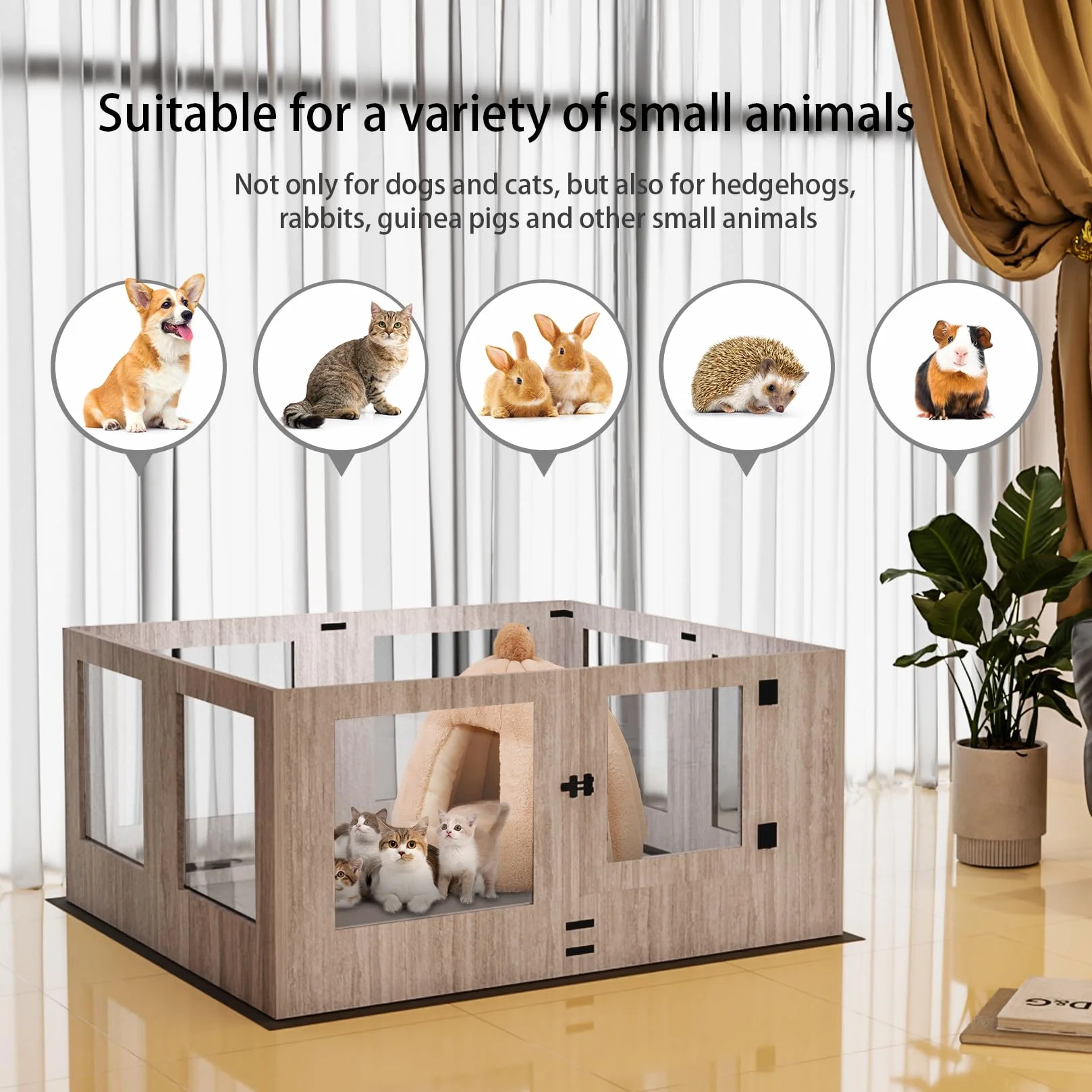 BingoPaw Parc pour Chien Intérieur Carré Enclos Grand avec Porte Verre Trempé Tapis 120x118.6x60cm