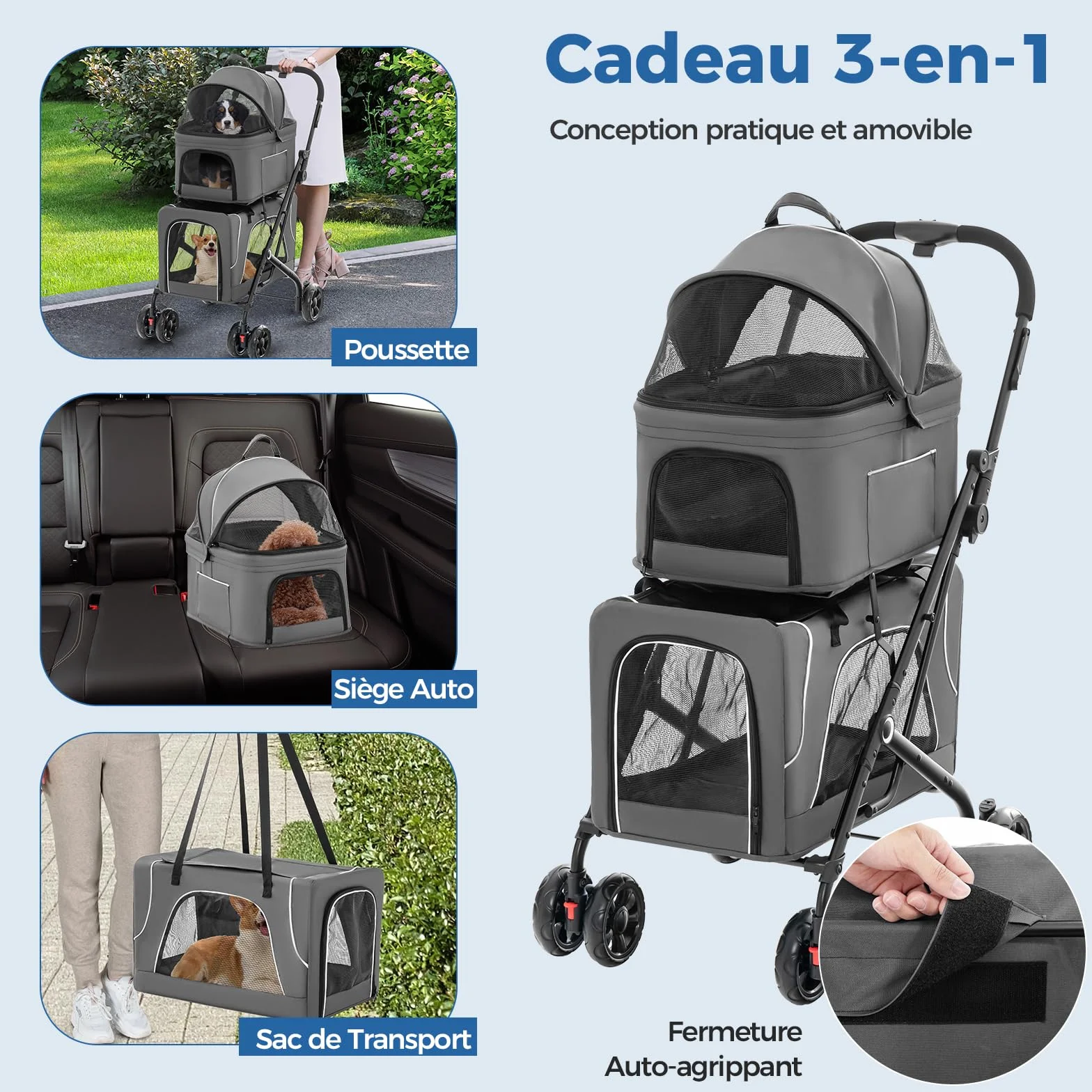 Poussette Chien Chat 2 Couches Détachable 3-en-1 GYMAX Transporteur Siège Auto Auvent Réglable Cadre Métal Pliable Gris