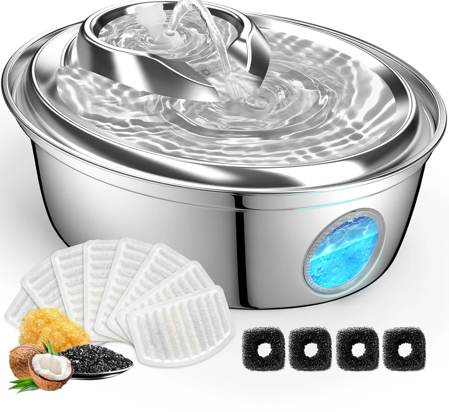 GoldenSun Fontaine à eau automatique pour chat - En acier inoxydable - 2 l - 12 filtres à charbon actif - Convient pour toutes les tailles de race (D36)