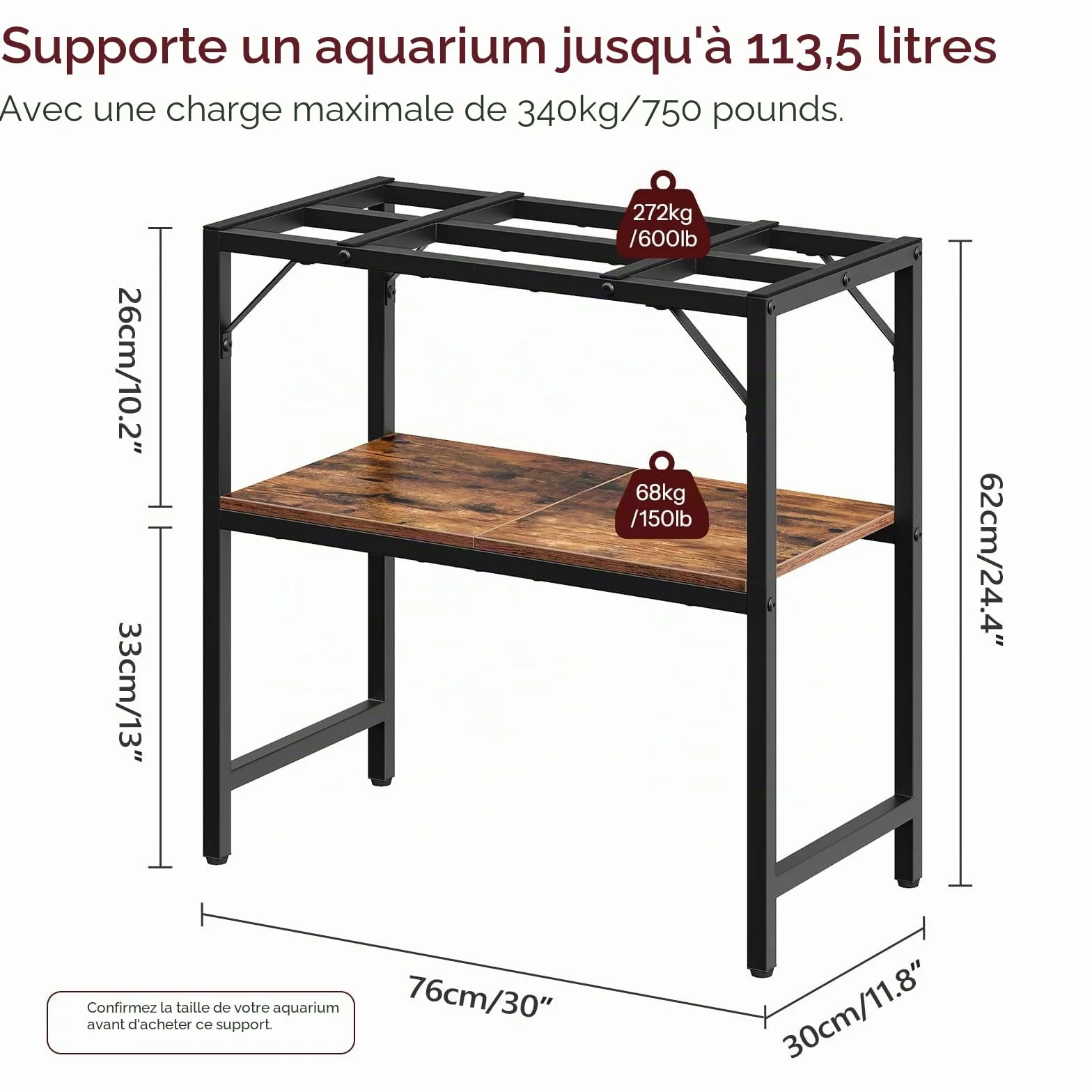 MAHANCRIS Support pour aquarium 30 gallons avec étagères 2 niveaux 76,2 cm L x 30 cm P