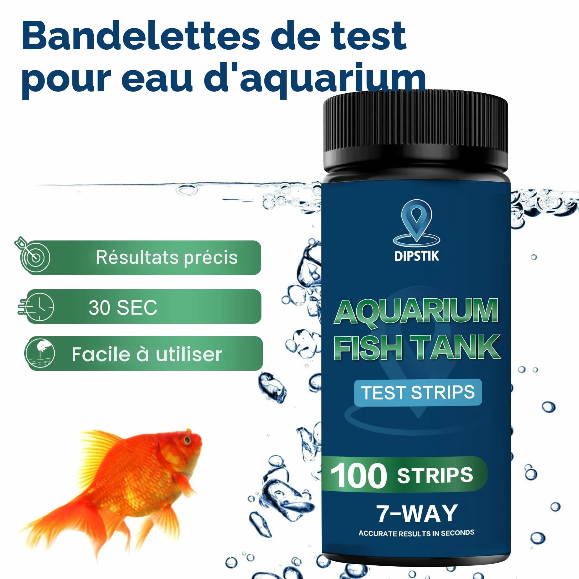 Bandelette de Test Eau 7 en1 pour Aquarium - Alcalinité Totale, Dureté Totale, Dureté Carbonatée, PH, Nitrite, Nitrate, Chlore (100 Bandelettes)