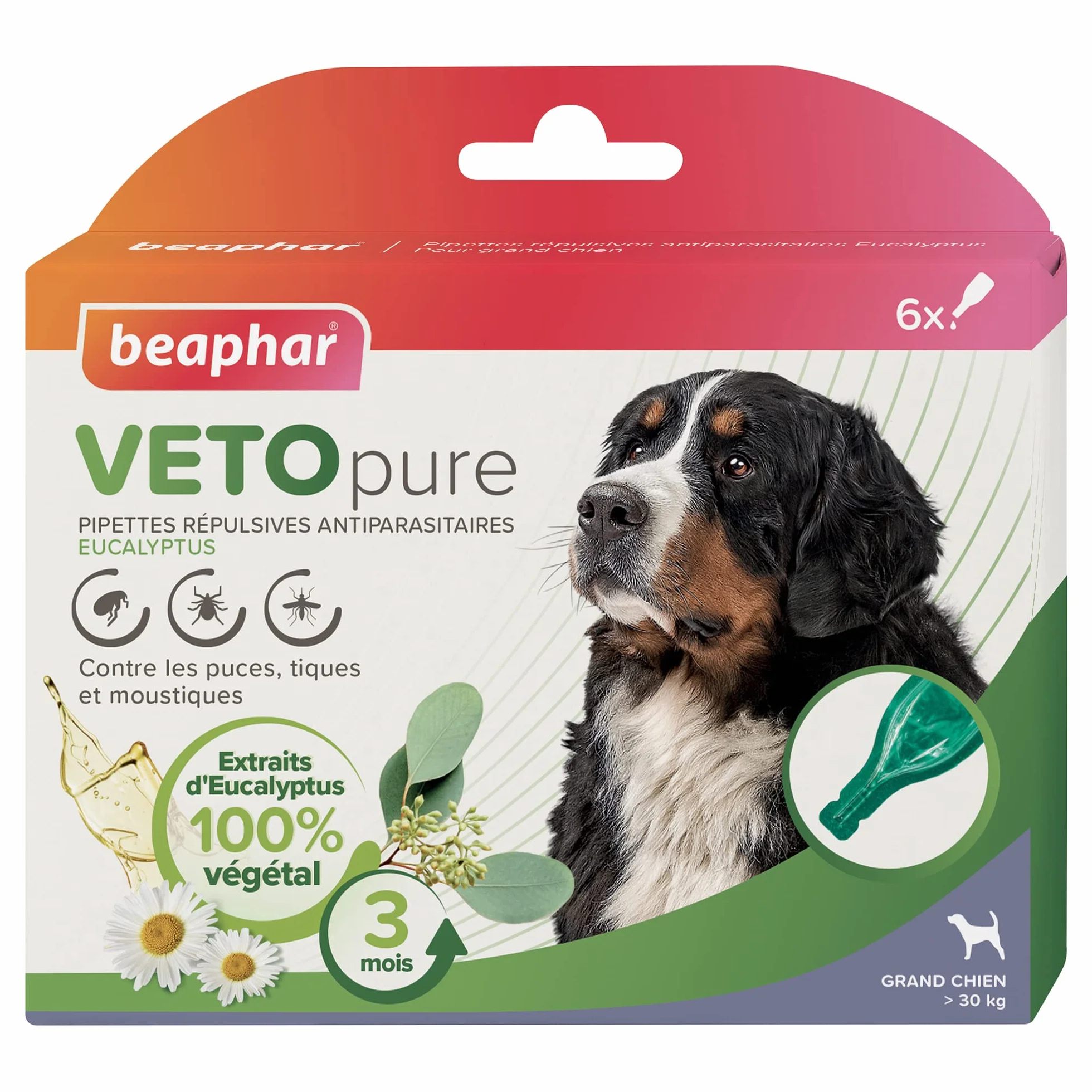 BEAPHAR VETOPURE Pipettes répulsives antiparasitaires grand chien >30 kg Eucalyptus Pyrèthre Protection 3 mois 3 pipettes
