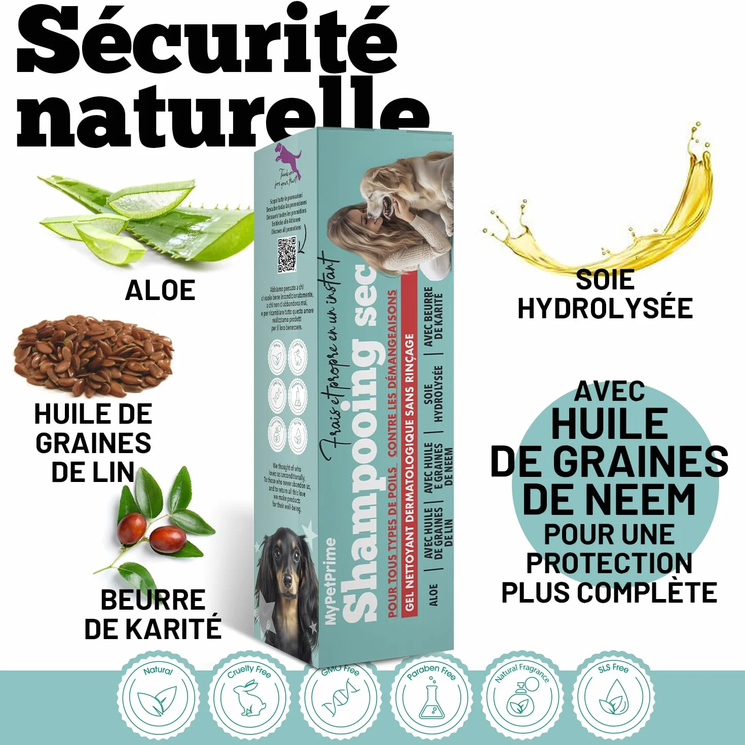 MyPetPrime Shampooing Sec en Gel pour Chiens | sans Rinçage | Anti-Odeur | Dermatologique | Hygiénique, Anti-Démangeaisons | avec Huile de Graines de Neem | pour Toutes Races | Fabriqué en Italie