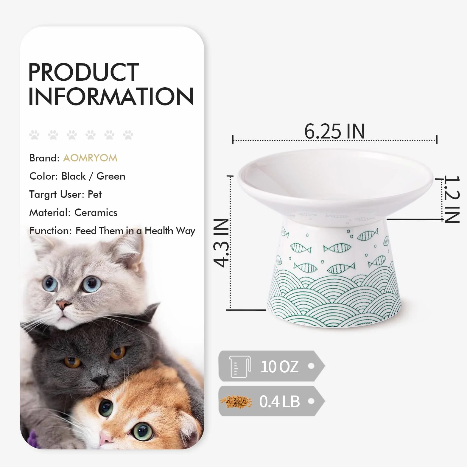 Lot de 2 gamelles surélevées en céramique extra larges de 16,7 cm pour chat âgés, grands chats et petits chiens, design surélevé pour animaux de compagnie facile à manger, protège la colonne