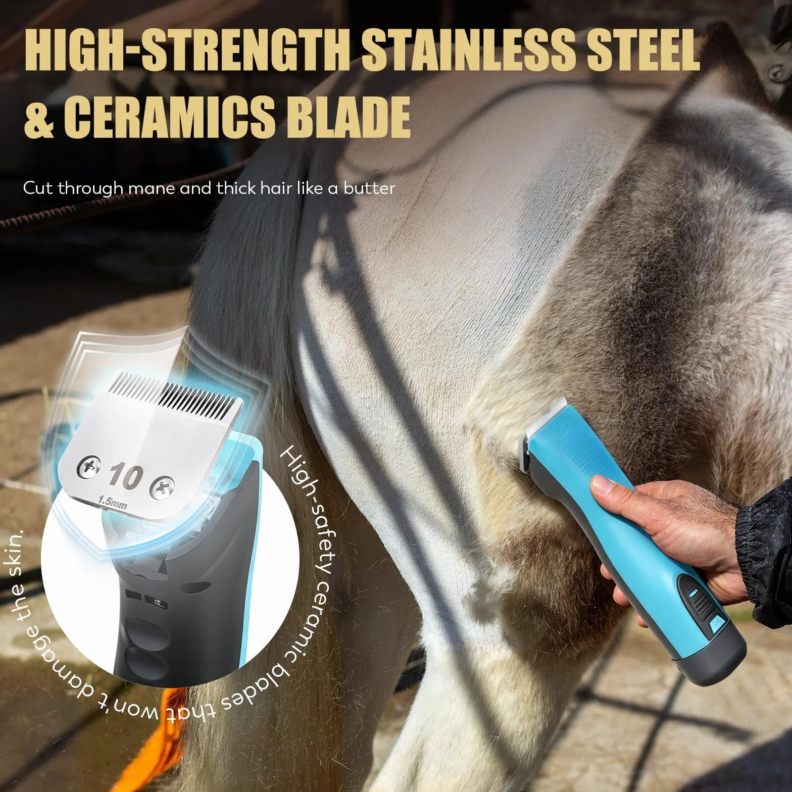 Tondeuse pour Chevaux CGOLDENWALL, Batterie Li-Ion 1400mAh & 3.5m Câble, 3200-4000rpm, Vitesse 2, pour Chien, Cheval, Chèvre