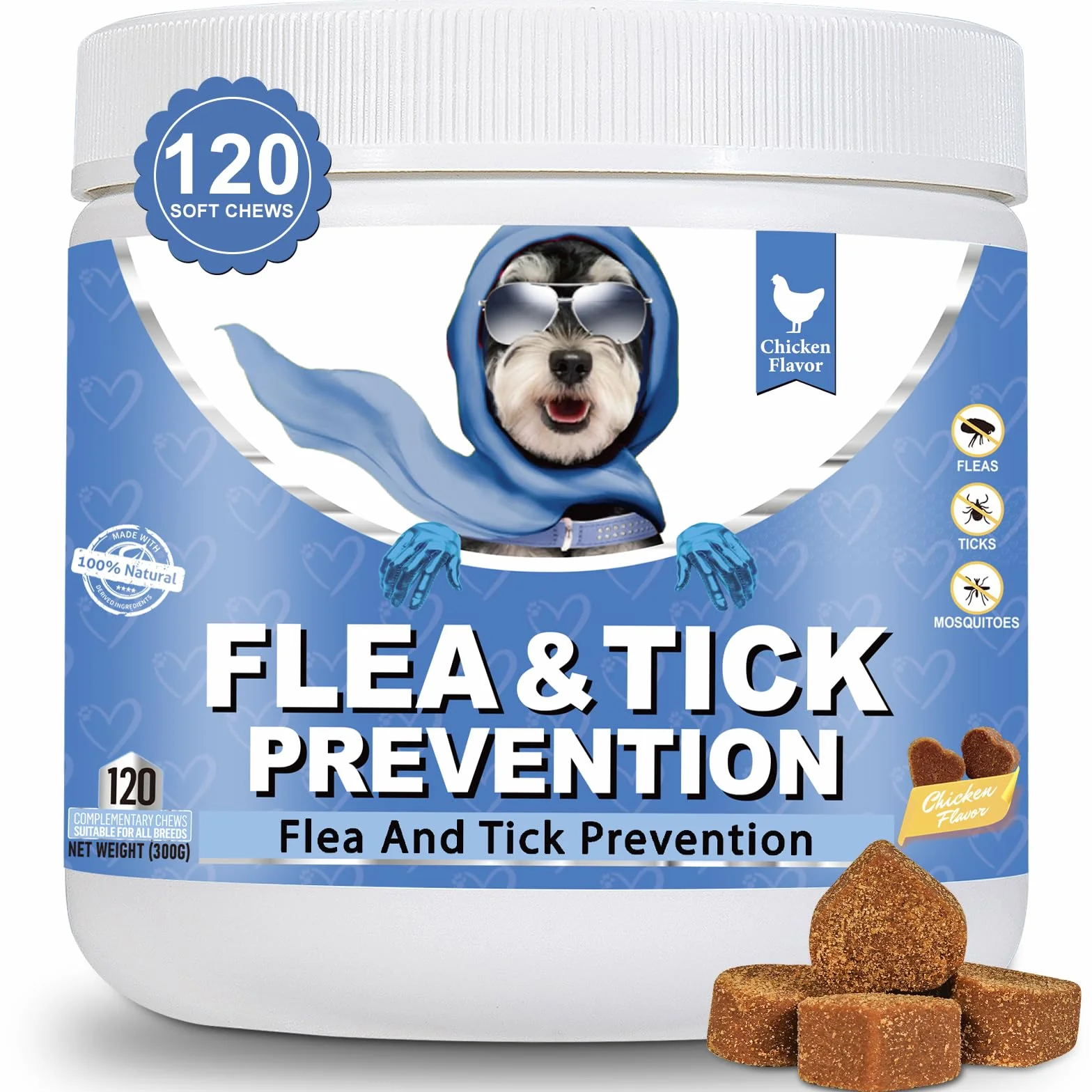 Flea and Tick Chewables for Dogs Omega 3 Probiotiques Poulet 300g
