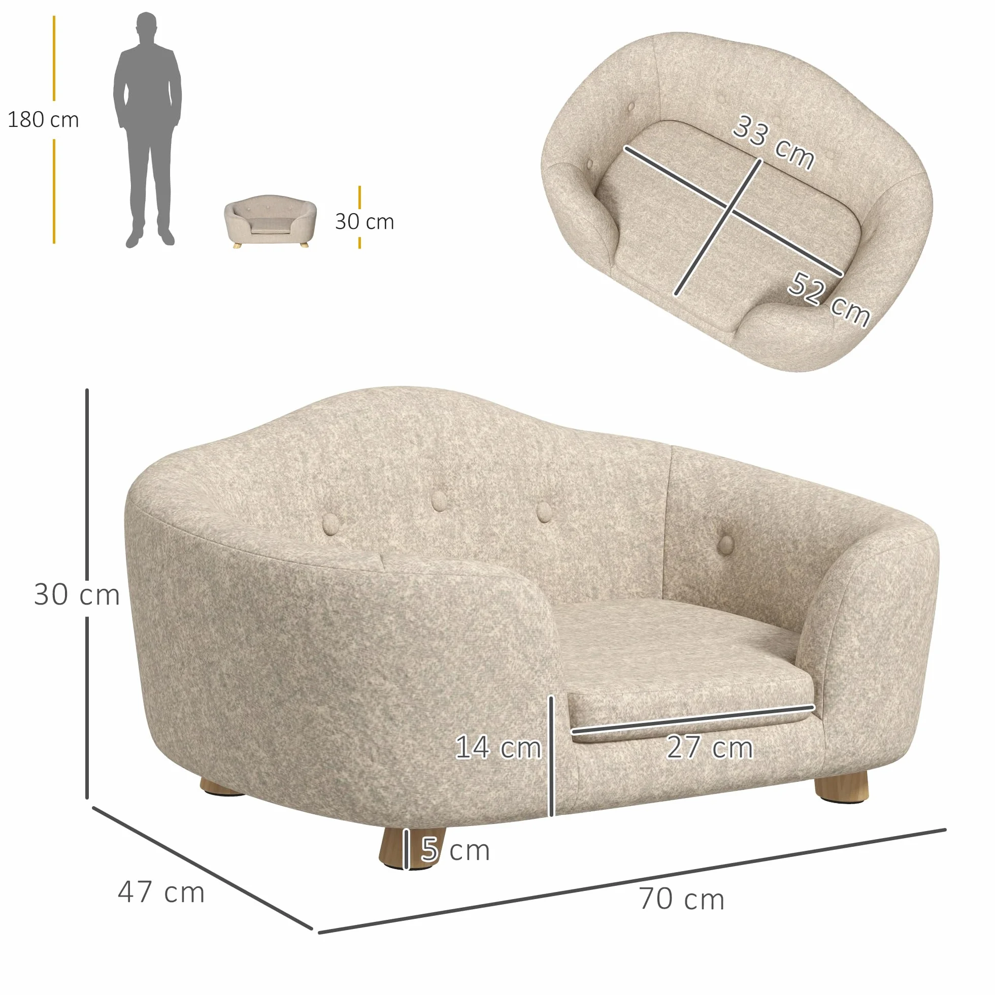 PawHut Canapé-lit pour animaux de compagnie - Coussin et poche arrière - Peluche et mousse de pin - Blanc crème - 70 x 47 x 30 cm