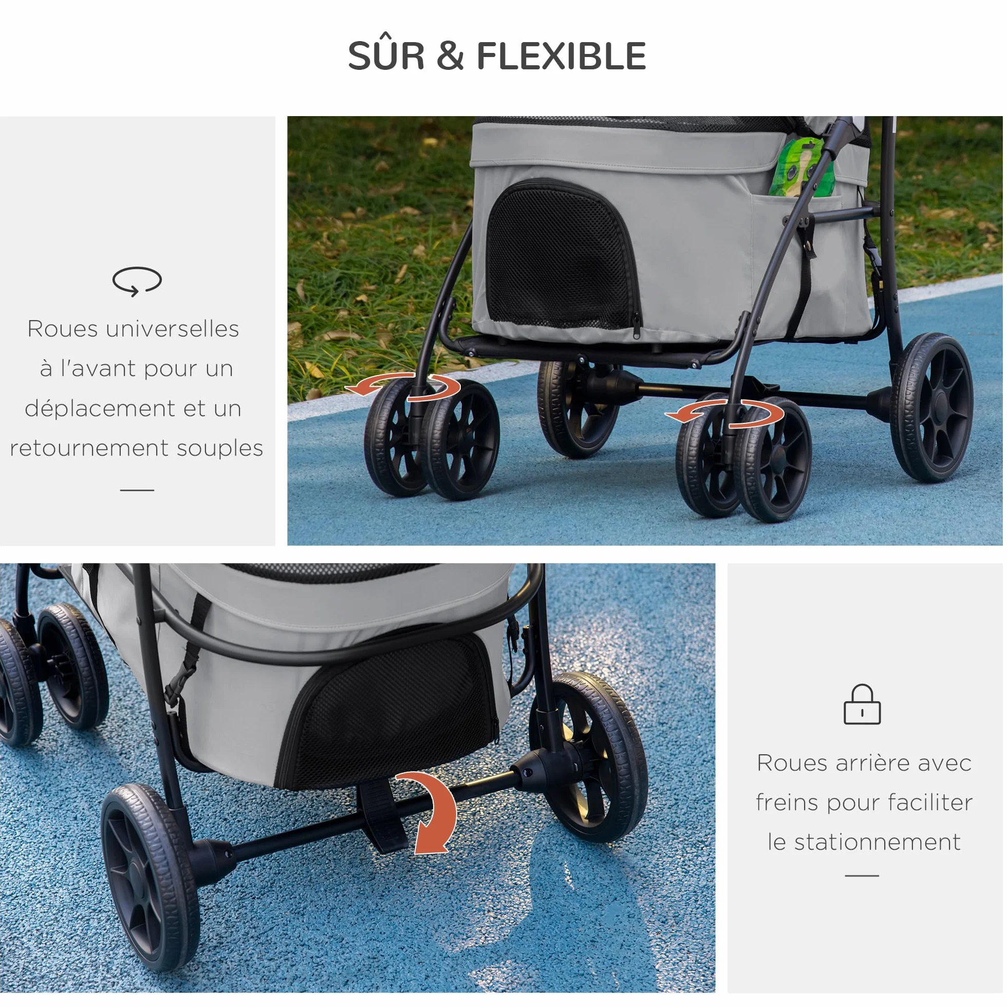 PawHut Poussette pour chien et chat 2 en 1 pliante chariot nacelle amovible 10 kg acier gris