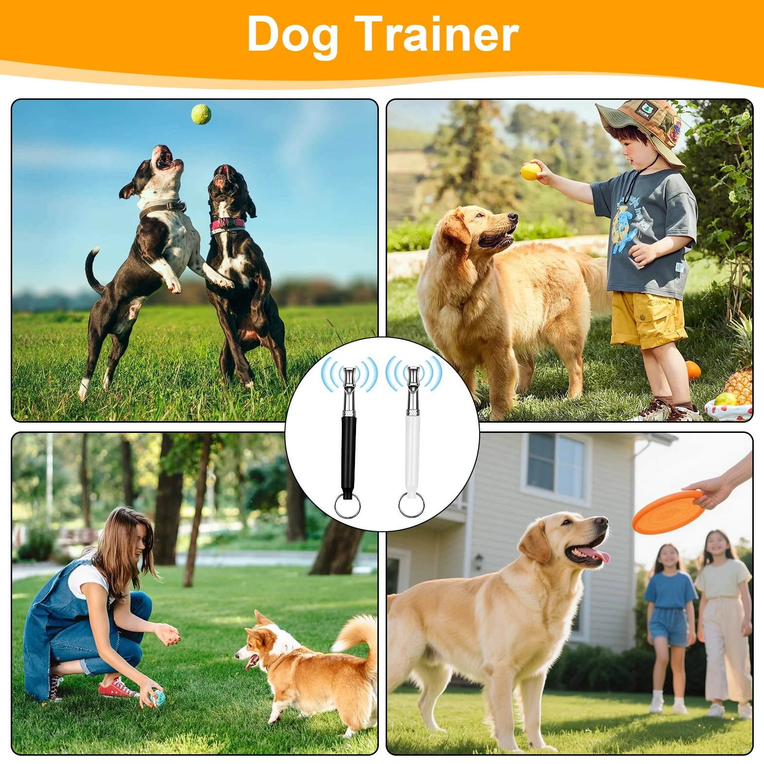 Sifflet Chien Ultrason Anti Aboiement Dressage Rappel avec Lanières, Fréquence Réglable, Silencieux, Noir et Blanc