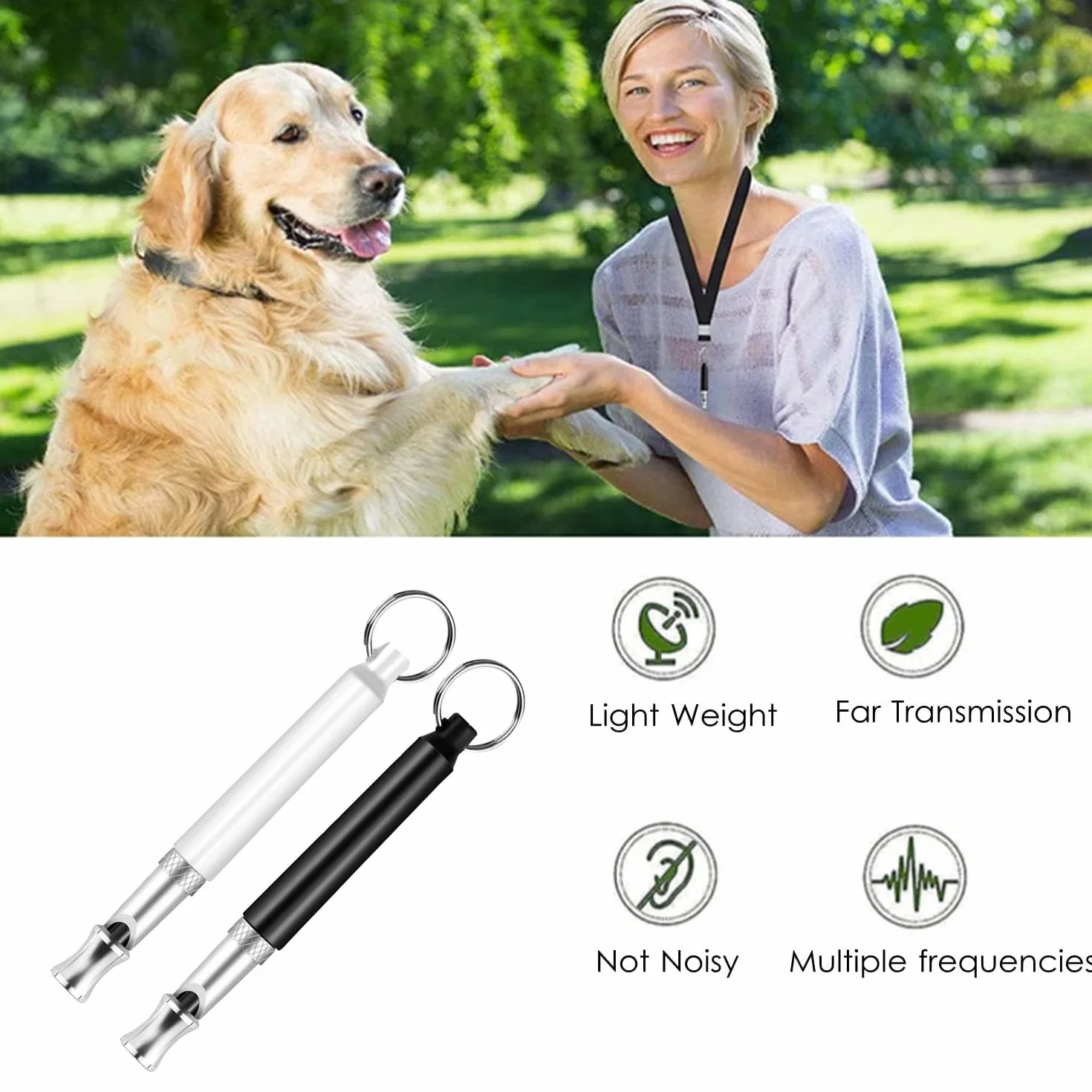 Sifflet Ultrason Chien Anti Aboiement Haute Fréquence 2 Pièces avec Lanière Réglable Blanc Noir