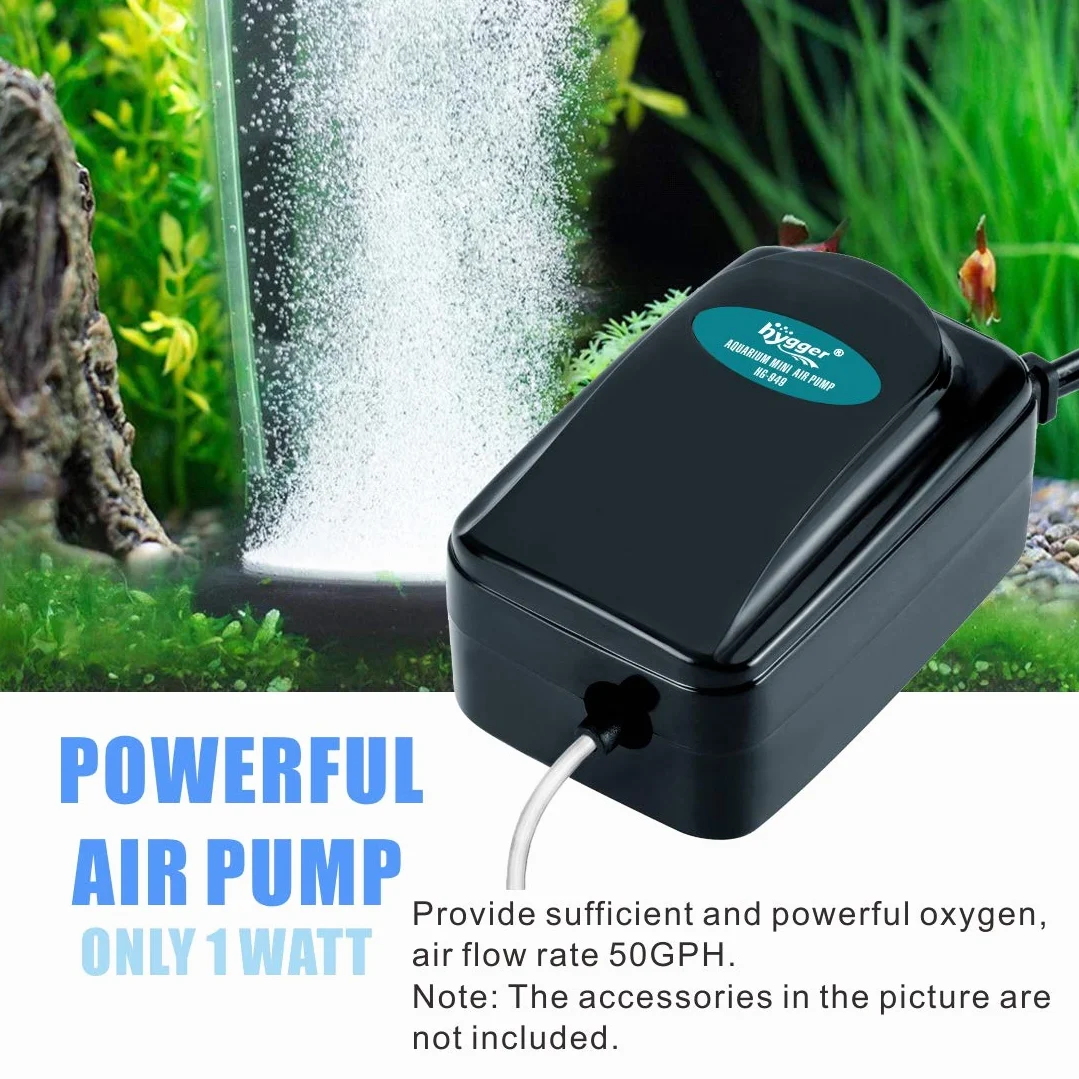 Hygger Pompe à Air Aquarium Silencieuse Réglable 1-75 L avec Tuyau et Pierre à Gazéifier 1W