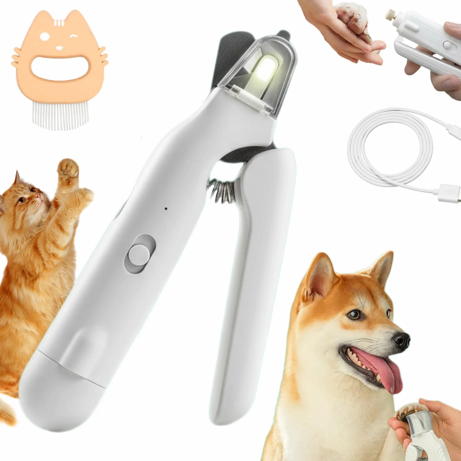 Safetrim Dog Nail Cutter with Safety Guard, Pet Claw Clippers with Light, Built-In Grinder (White)