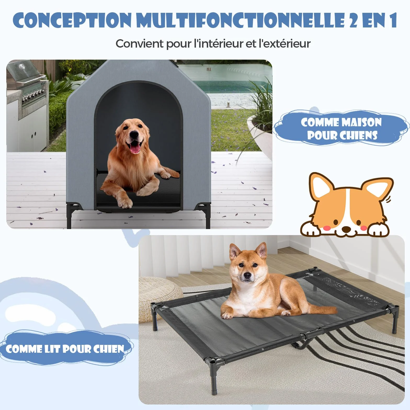 COSTWAY Chenil pour Chien 2 en 1 75x110x106 cm Tissu Oxford Fenêtre Ventilée Housse Amovible Base Surélevée 40 kg