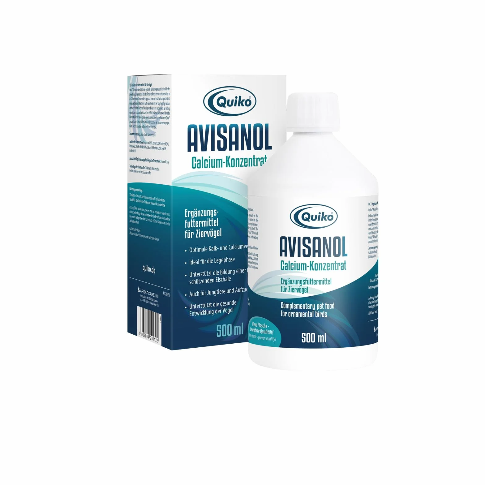 Quiko Avisanol Calcium Concentré 500ml pour Oiseaux Pigeons Poules Formation os Coquille Plumes mue