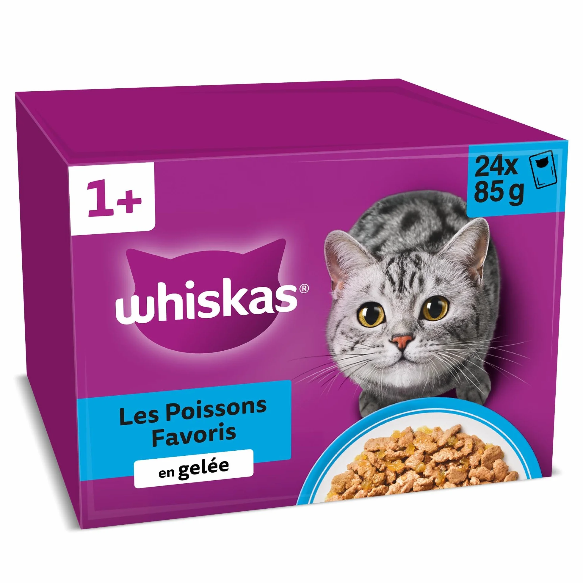 WHISKAS Aliment humide en gelée Chat adulte 24x85g Poissons Favoris Lot de 2 48 Sachets