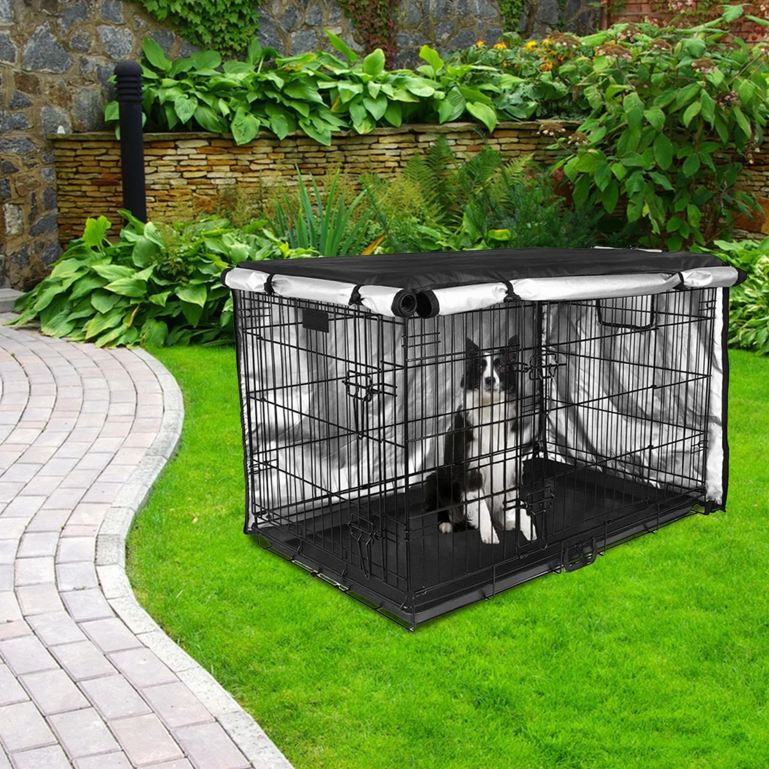 Housse de niche pour chien en tissu enduit d'argent double porte imperméable anti-UV avec fenêtre d'aération extérieur