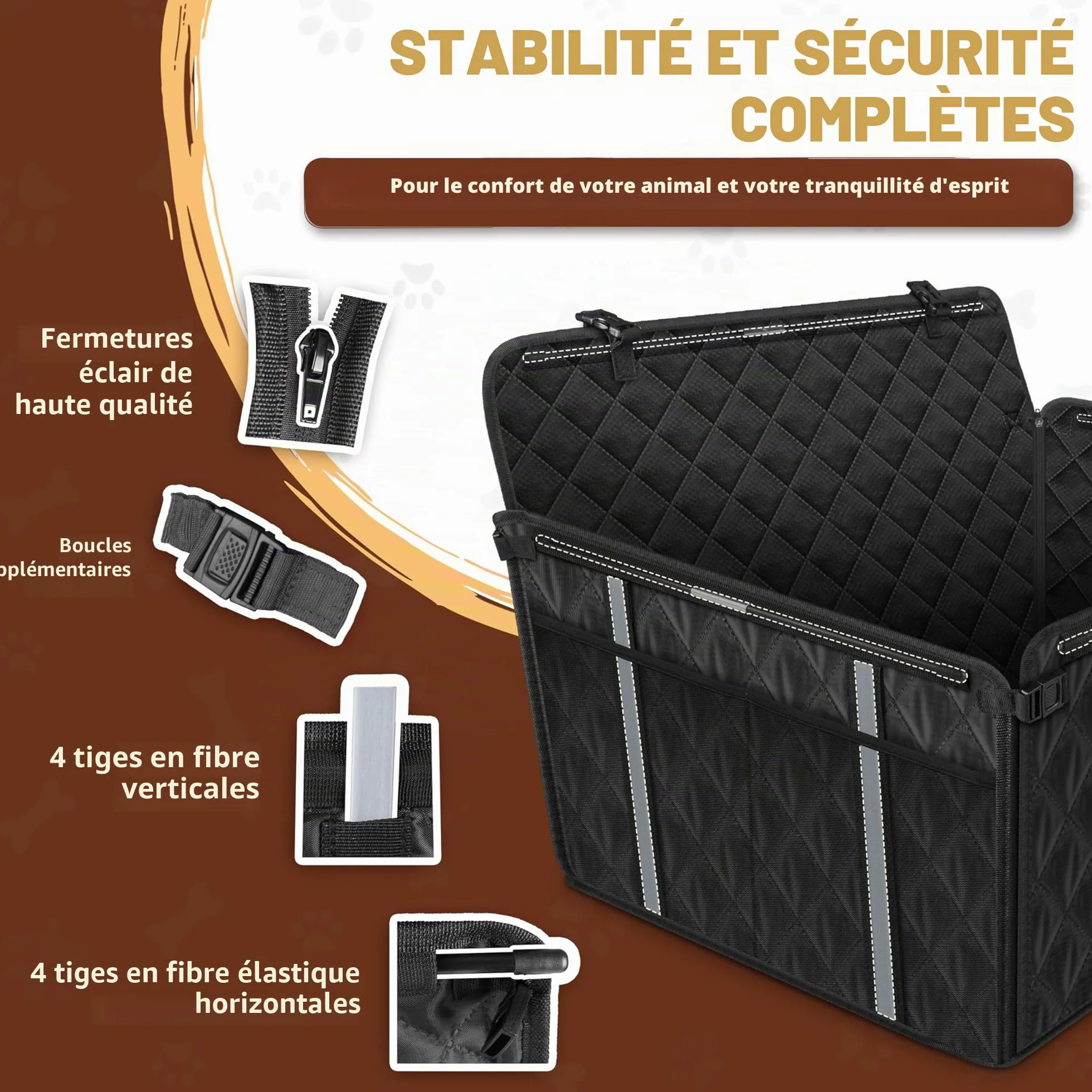 Siège Auto Chien Extra Stable Waterproof Transport Voiture Arrière avec 8 Tiges Jusqu'à 26 kg