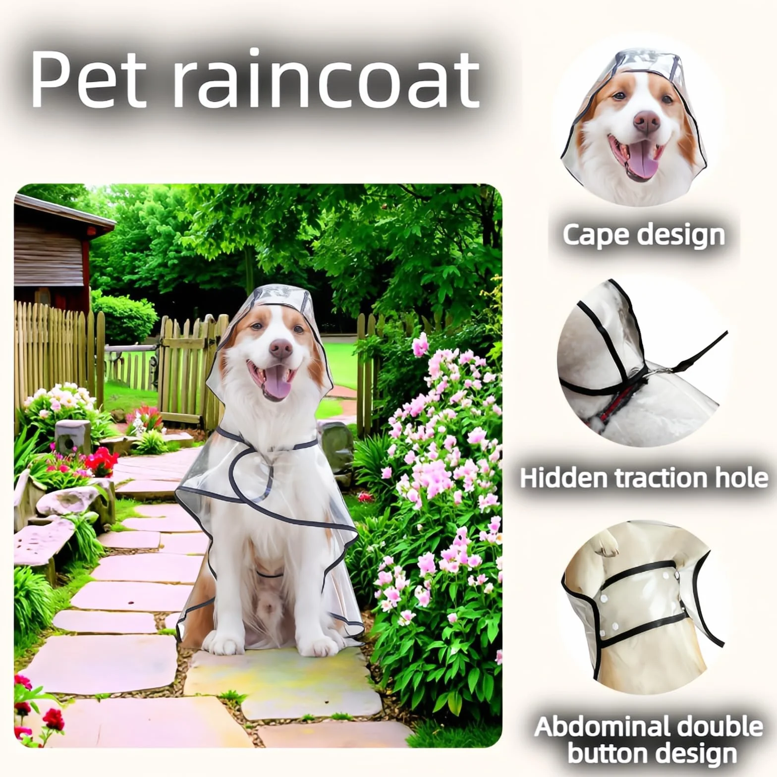 Poncho de Pluie en PVC Transparent Imperméable pour Chien avec Capuche, Taille L
