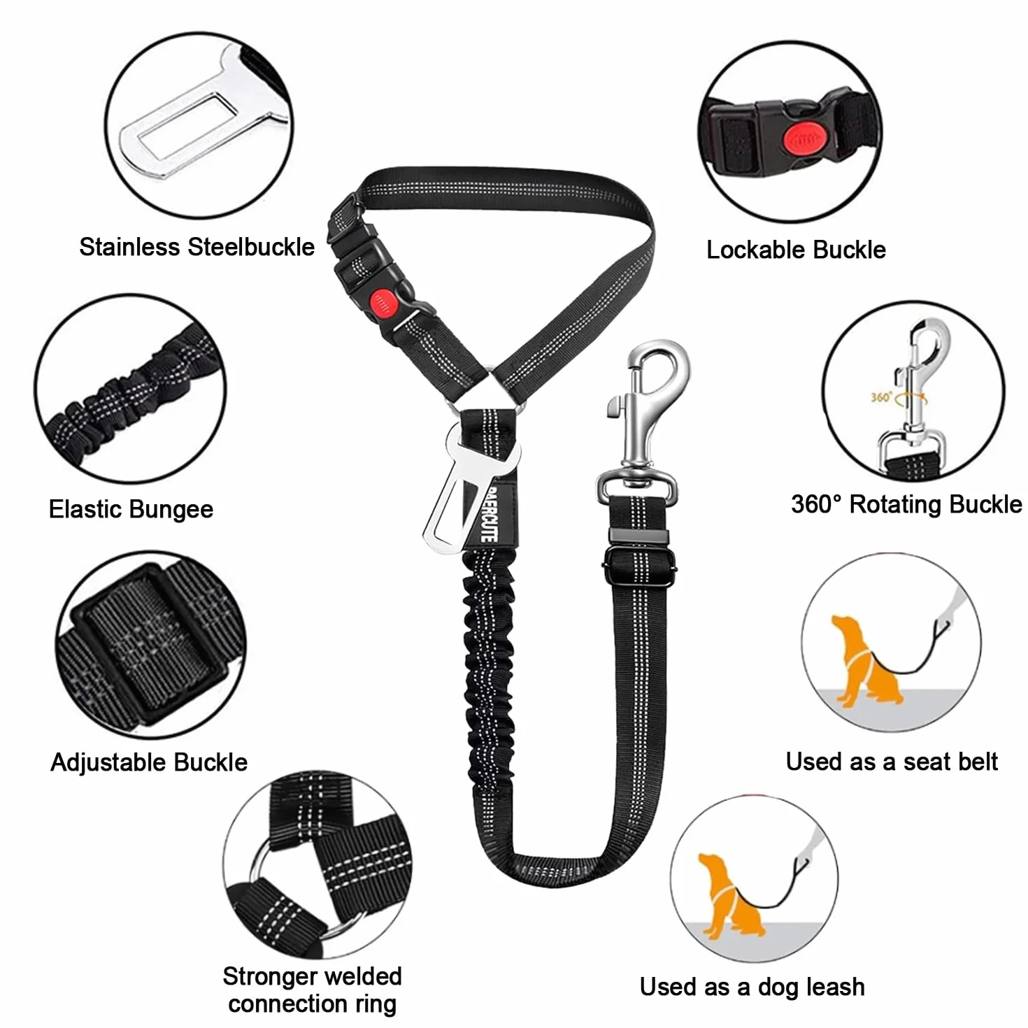 Lot de 2 ceintures de sécurité pour chien - Harnais de sécurité élastique réglable pour voiture - Laisse rembourrée élastique anti-chocs (noir)