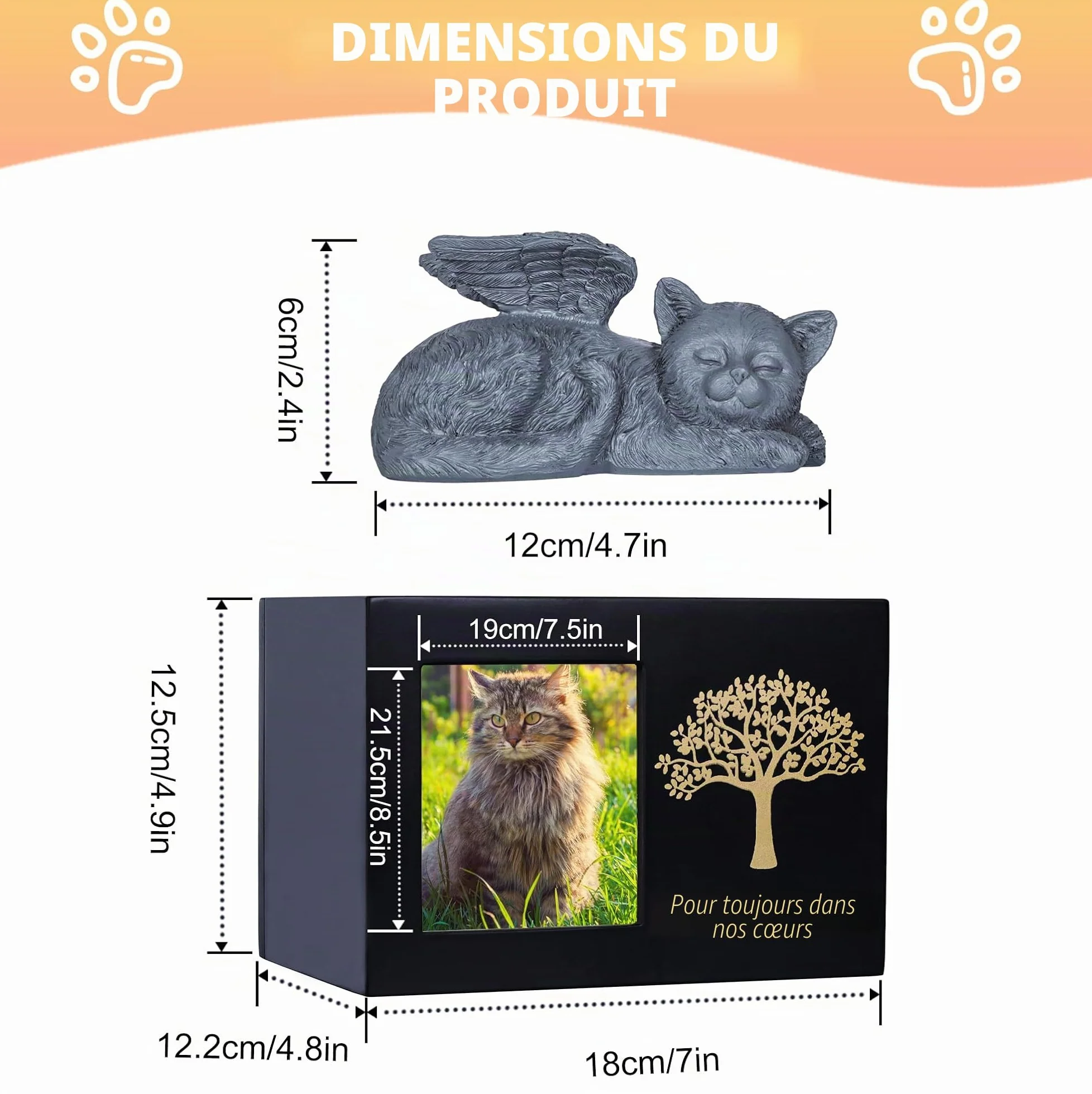 Urne pour chat en bois avec statue de chat en résine et pochette en velours