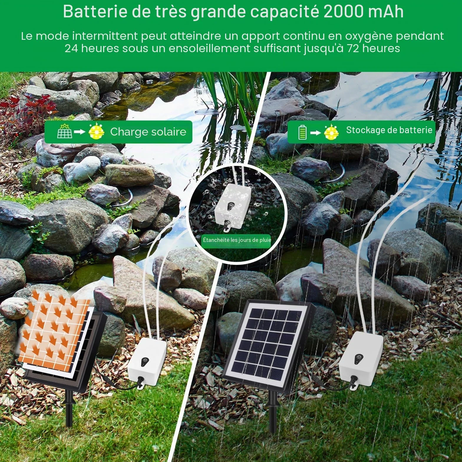 Pompe à air solaire 2W pour aquarium, aérateur de pêche avec tube et pierres à bulles, chargement USB