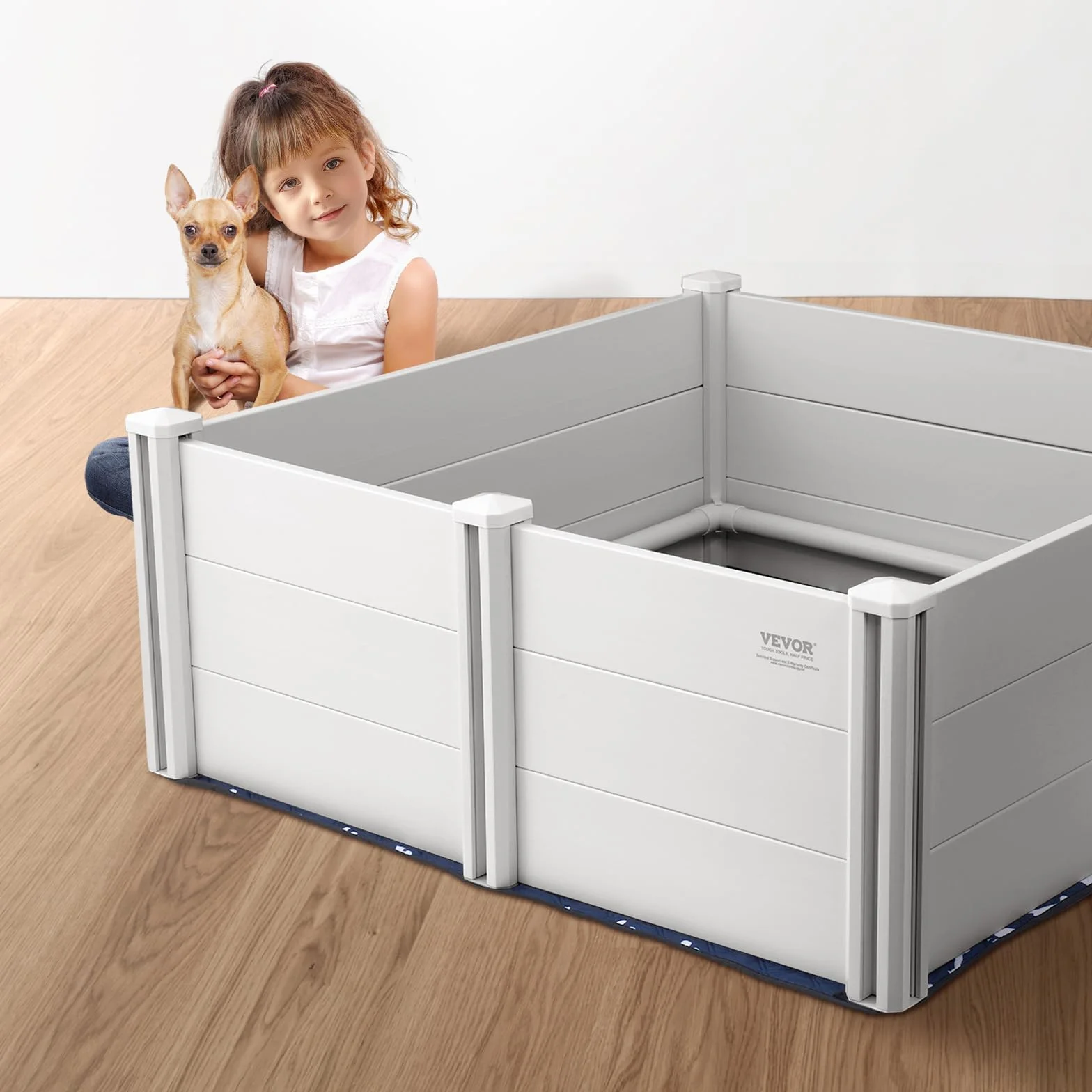 VEVOR Parc de Mise Bas pour Chien 122x122x46 cm Caisse de Mise Bas avec Rails Tapis de Pipi Lavable Blanc