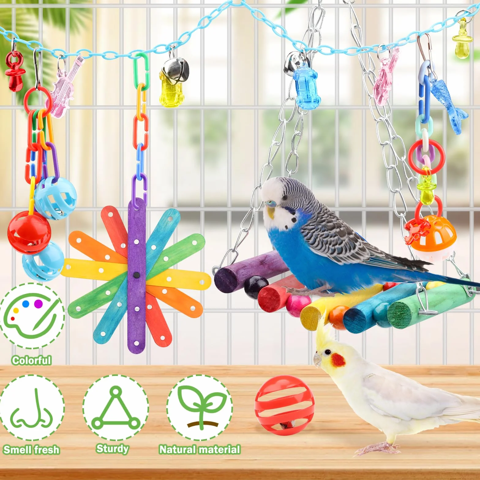 QUOZUO Jouets pour Oiseaux 9 Pièces Jouet Perroquet à Mâcher Suspendre Accessoire Cage Balançoire Échelle Cloches