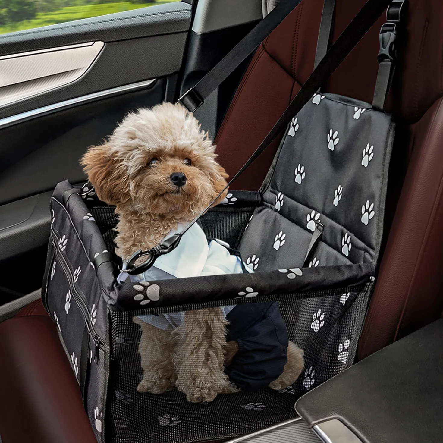 Panier Chien Voiture Pliable Siège Auto Chien Fixation Crochets Réglables Respirant Lavable 10 kg