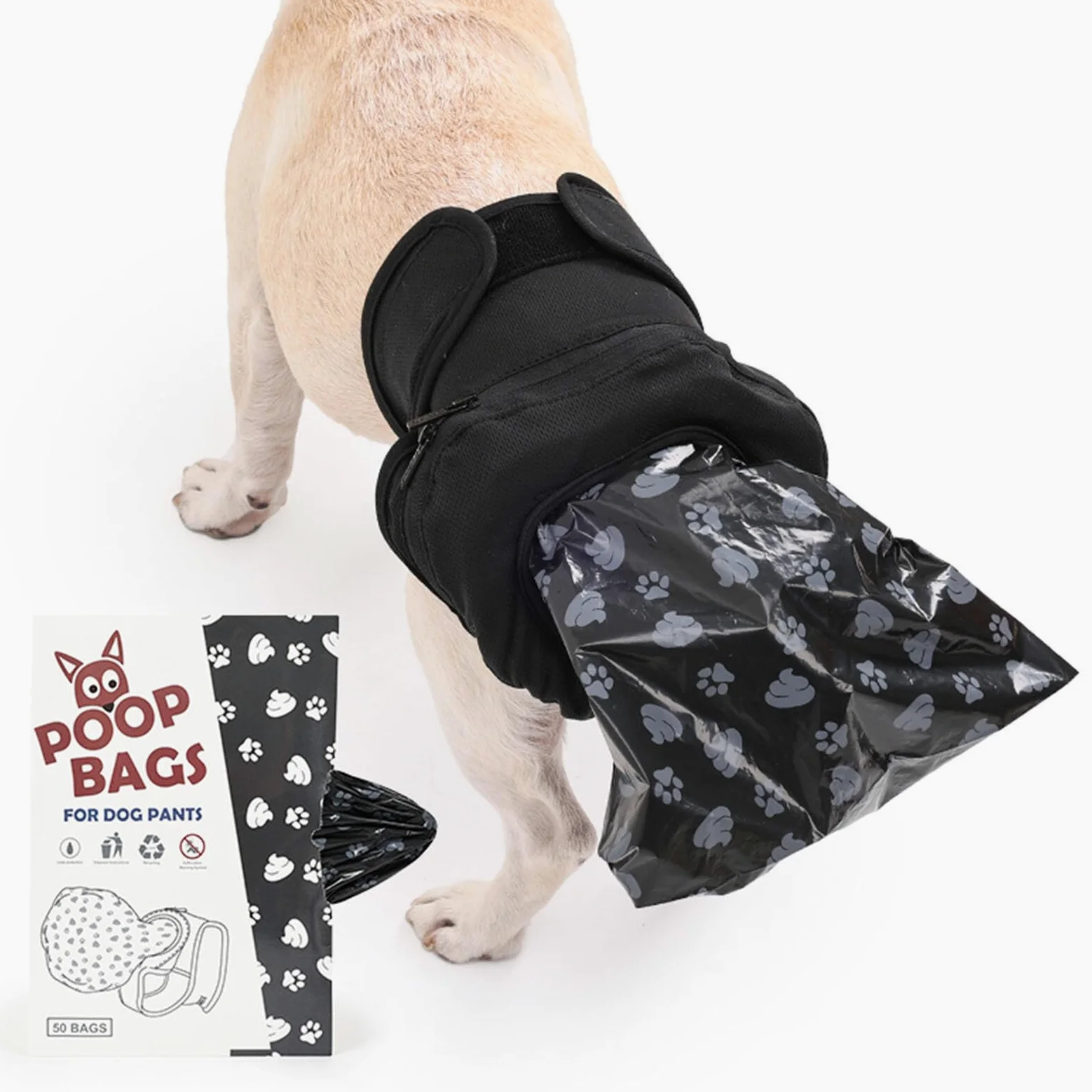 Culotte réutilisable pour déjections canines avec 50 sacs à déjections canines, culottes hygiéniques pour incontinence, promenade en plein air, pantalon de collecte de déjections pour animaux de