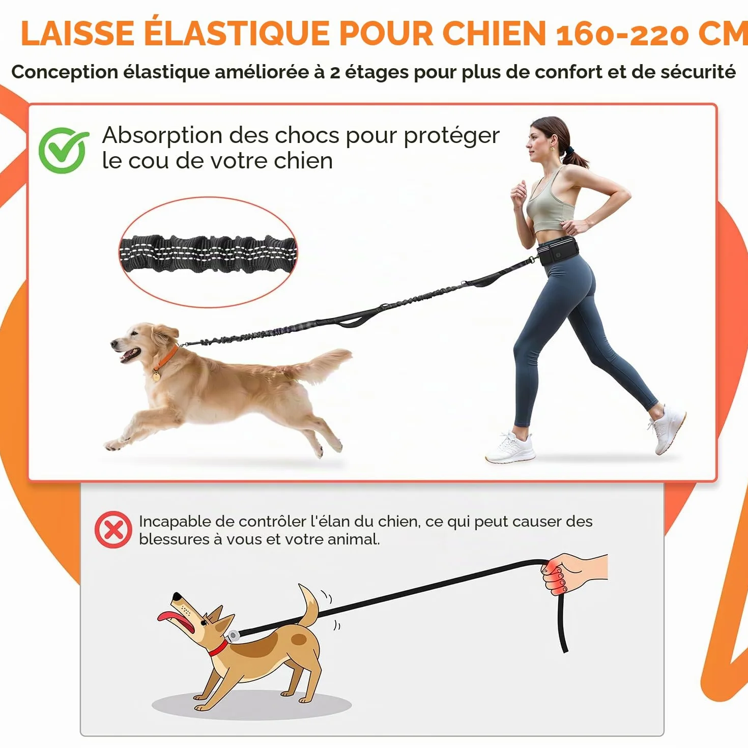 Laisse Canicross Chien Main Libre Longe Jogging Élastique 160-220cm Anti-tirons Réfléchissante Ceinture Réglable Double Poignée