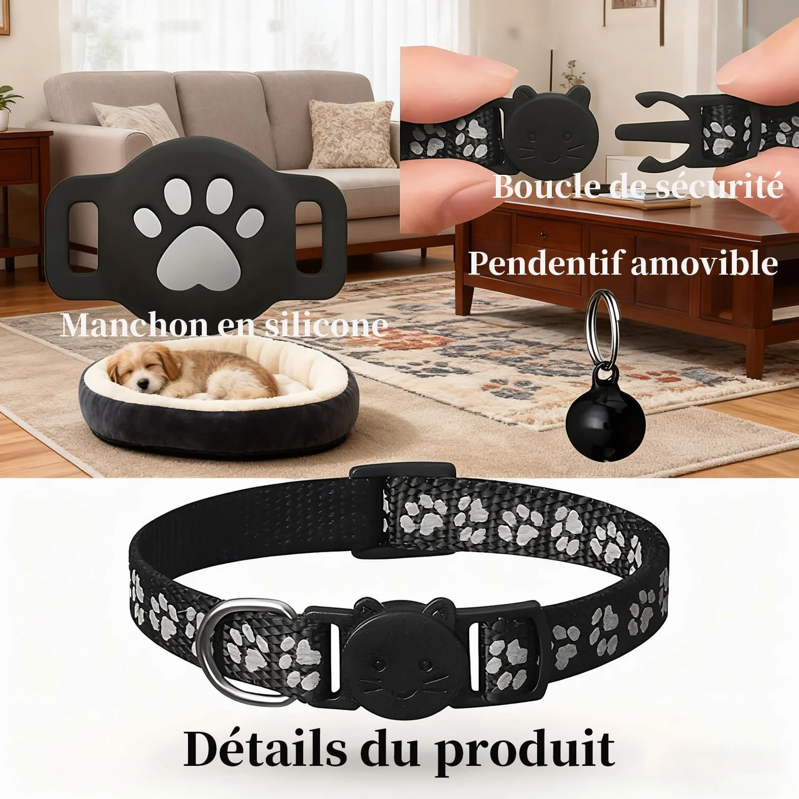 Collier GPS Chat 2026 Traceur GPS Chat Tracker sans Carte SIM sans Abonnement Localisation Temps Réel Compatible iOS Android Imperméable Durable Noir