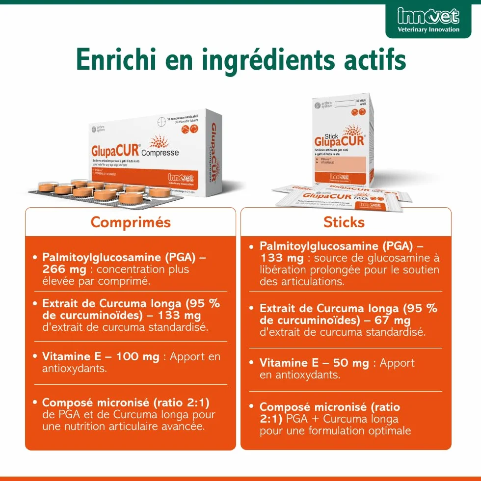 Innovet Glupacur Complément Alimentaire Articulations Chiens Chats Arthrose Mobilité Palmitoylglucosamine Curcumine Vitamine E 30 gélules