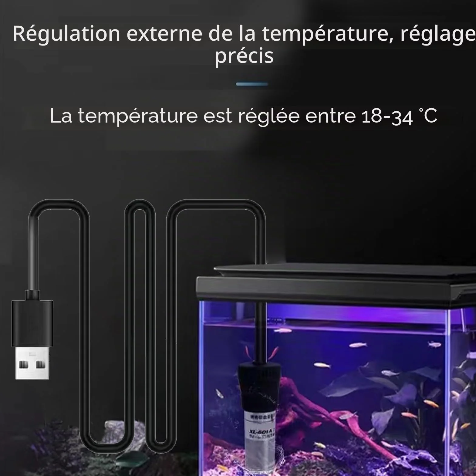 Bâton chauffant d'aquarium USB 5 W, chauffage d'aquarium avec design de sécurité robuste, contrôle automatique de la température, chauffage d'aquarium, conçu pour les petits aquariums d'eau salée et