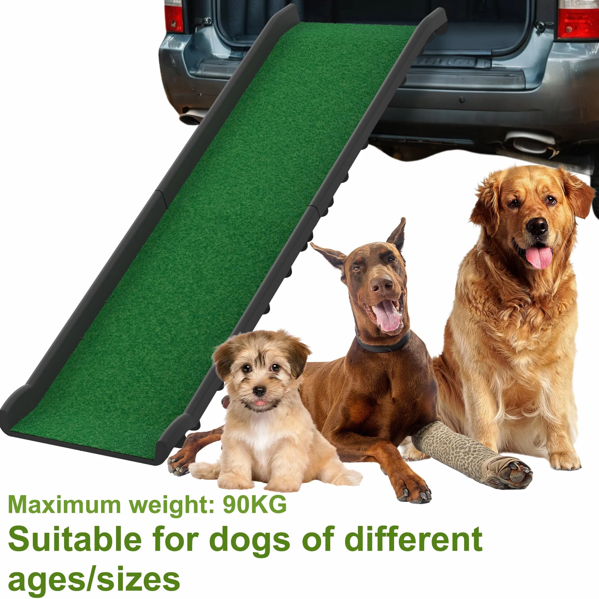 FIVMEN Rampe de voiture pliable pour chien - Antidérapant - Jusqu'à 90 kg - 156 x 40 cm - Pour SUV, grands petits animaux, avec pelouse