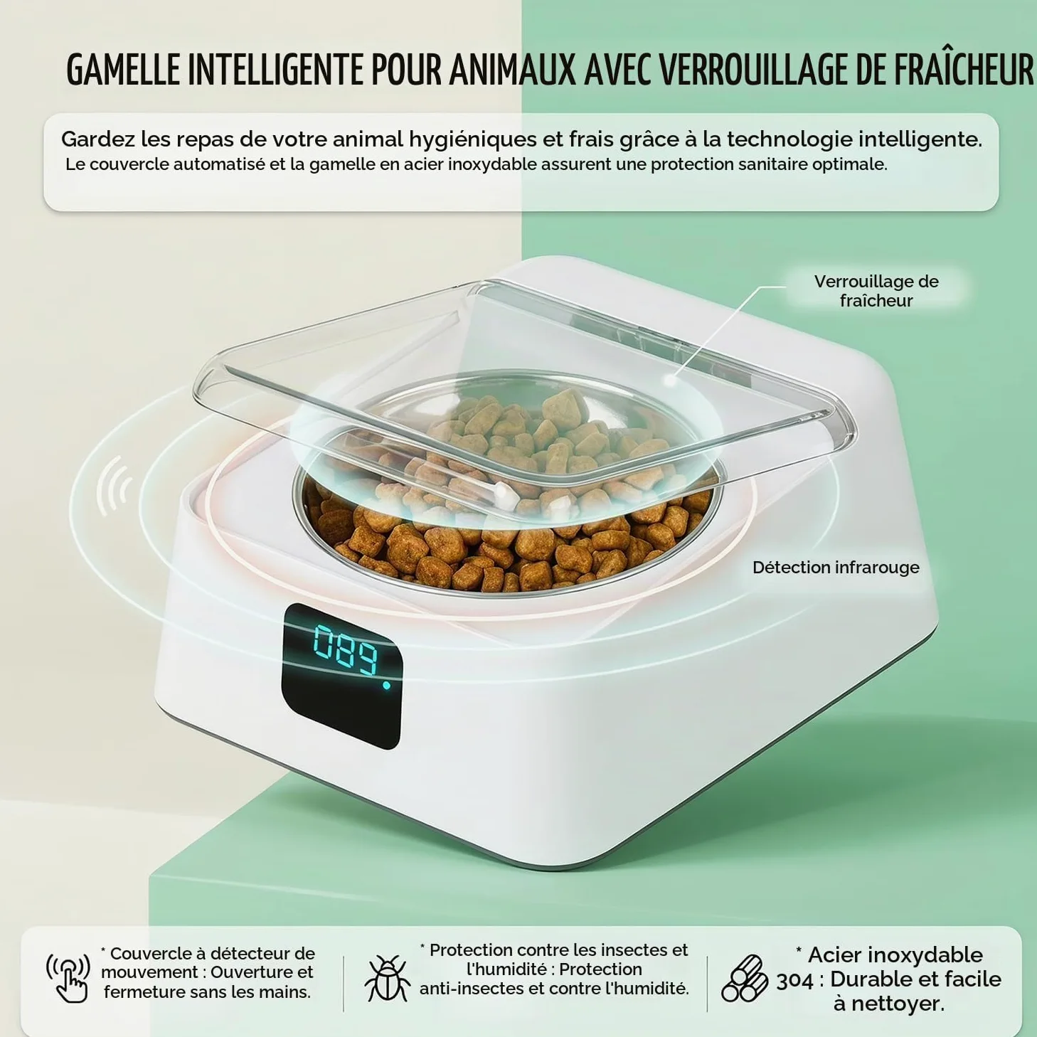 Mangeoire automatique pour chats, 350 ml, avec capteur infrarouge, gamelle automatique avec couvercle à charnière, pour chiens et chats de petite et moyenne taille, pour nourriture humide et sèche