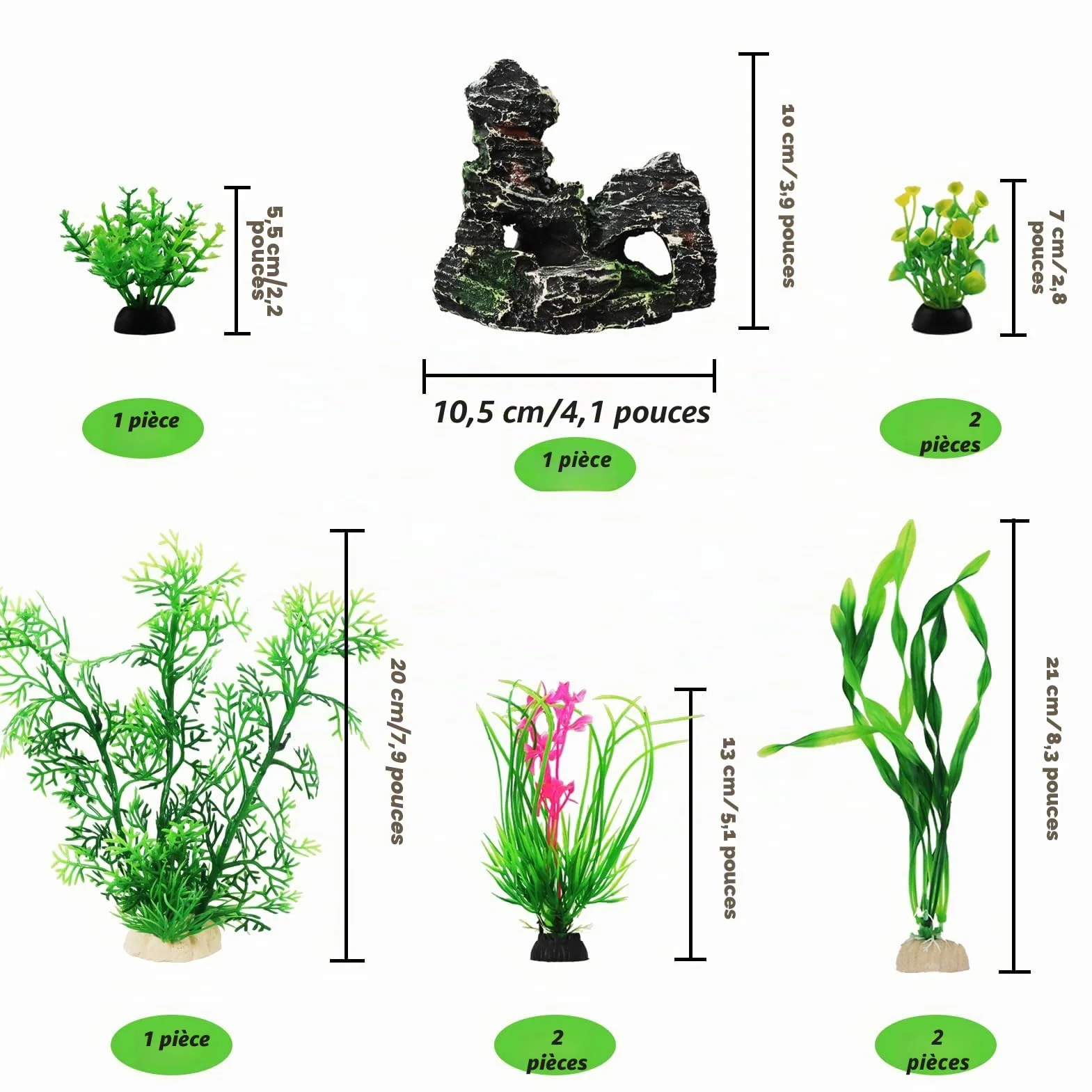 QUOZUO Vert Plantes Artificielle Aquarium Decoration Rocher Polyrésine Grotte Ornement Cachette Poissons 9 Pièces