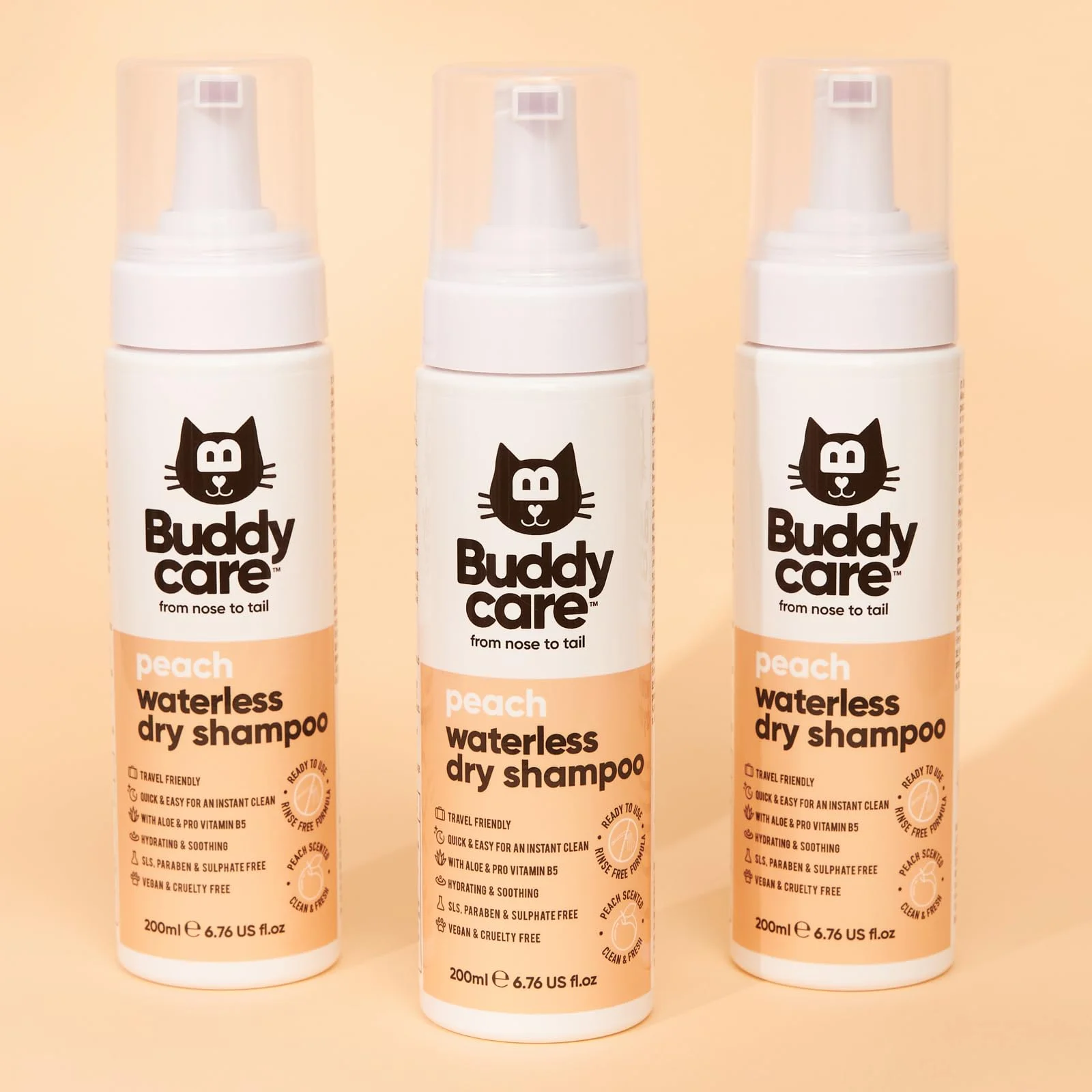 Buddycare Shampooing Sec sans Rinçage pour Chat à la Pêche 200ml avec Aloe Vera et Pro-Vitamine B5