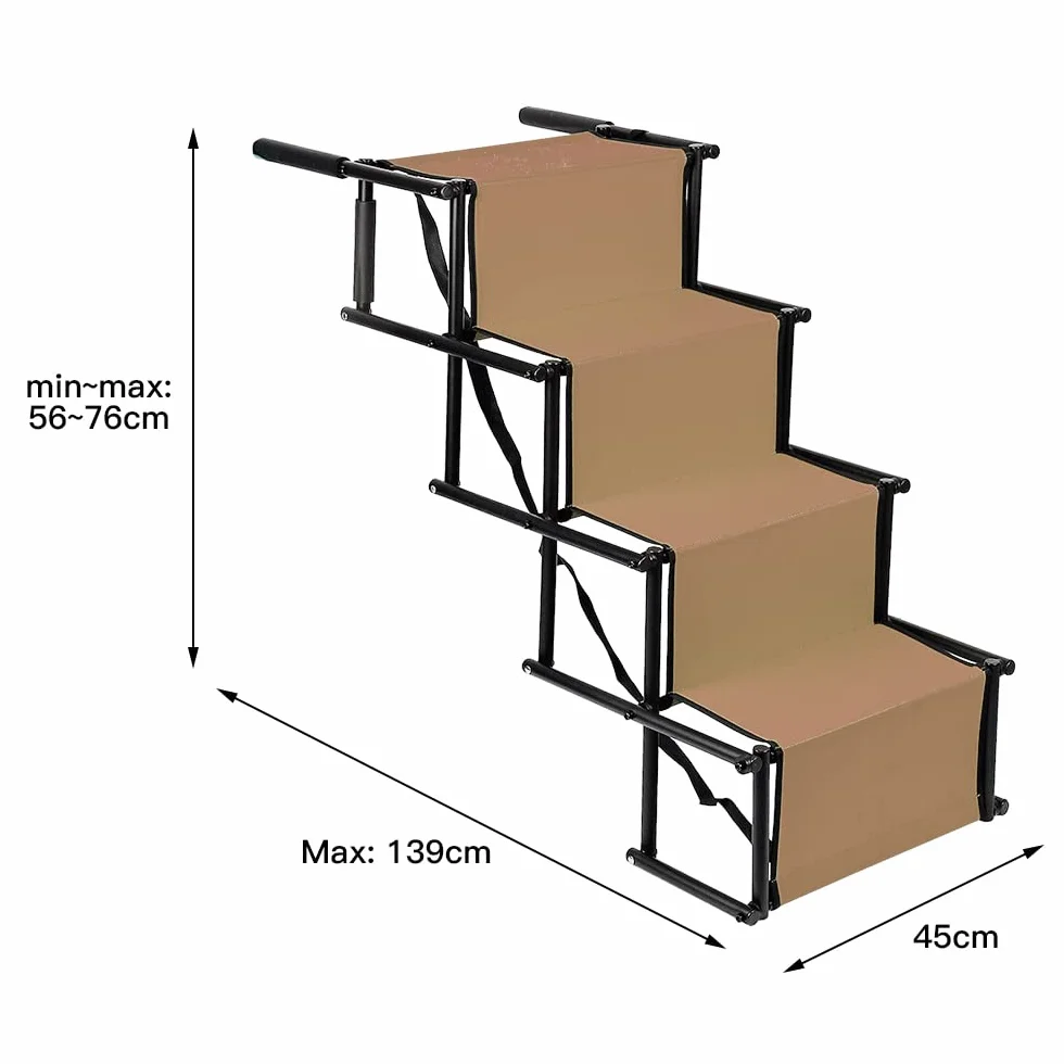 Rampe pour Chiens Charge Jusqu'à 60 kg, Escalier pour Chien Pliable, 5 Marches Escalier Chien Voiture, Réglable Hauteur 56-76 cm(22"-30"), Rampe Chiens pour Voiture, Canapé ou Lit (Marron)