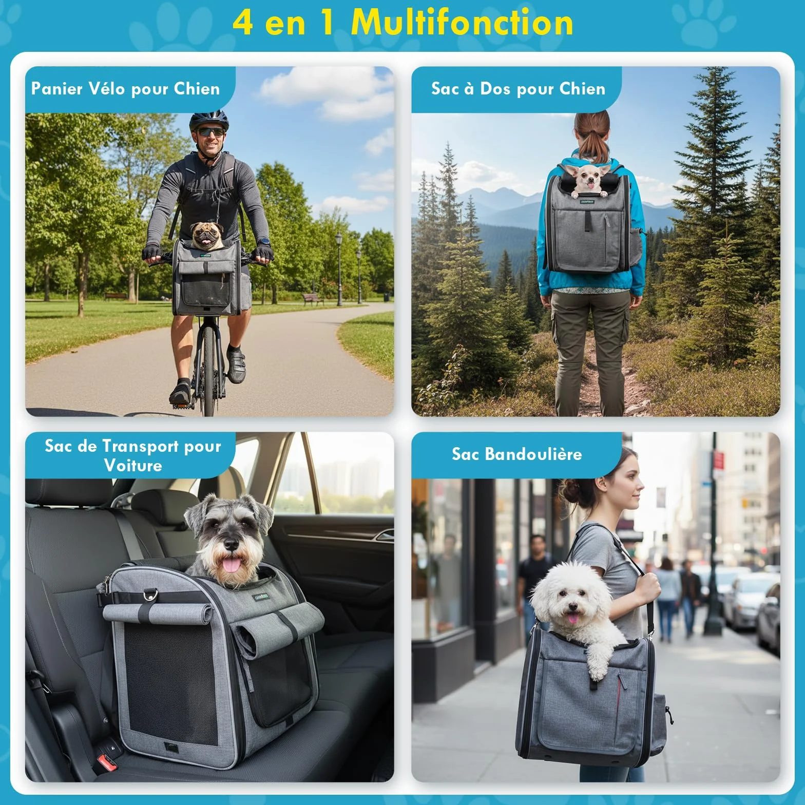 Panier Vélo Avant pour Chiens Chats 10KG avec L Support Φ8cm Pliable 4 en 1 Sac à Dos Bandoulière Siège Auto