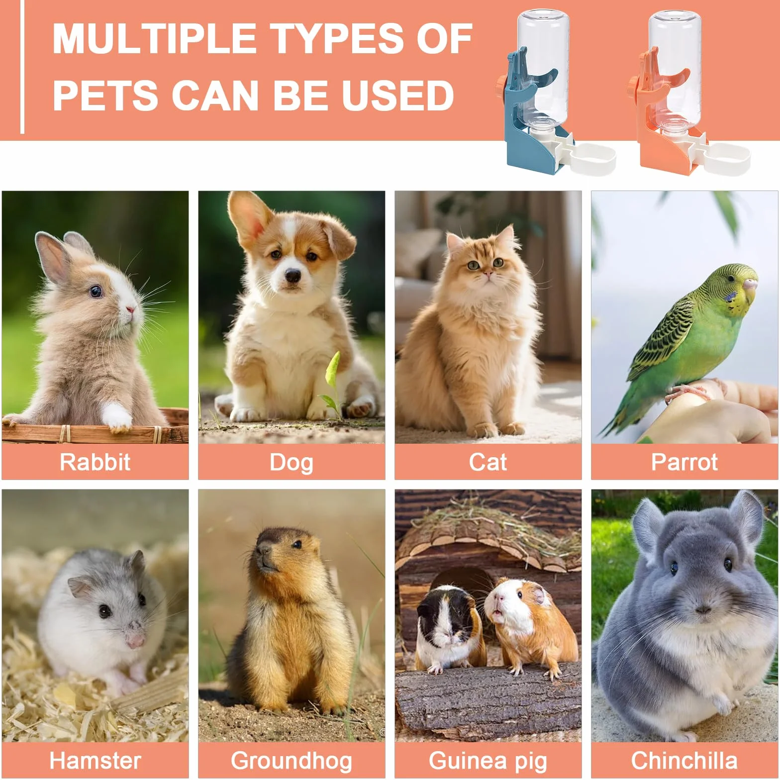 2 pièces de distributeur d'eau automatique pour lapins, 500 ml, bouteille de boisson suspendue pour lapins, cochons d'Inde, chinchillas, hérissons, furets, hamsters (Bleu, Orange)